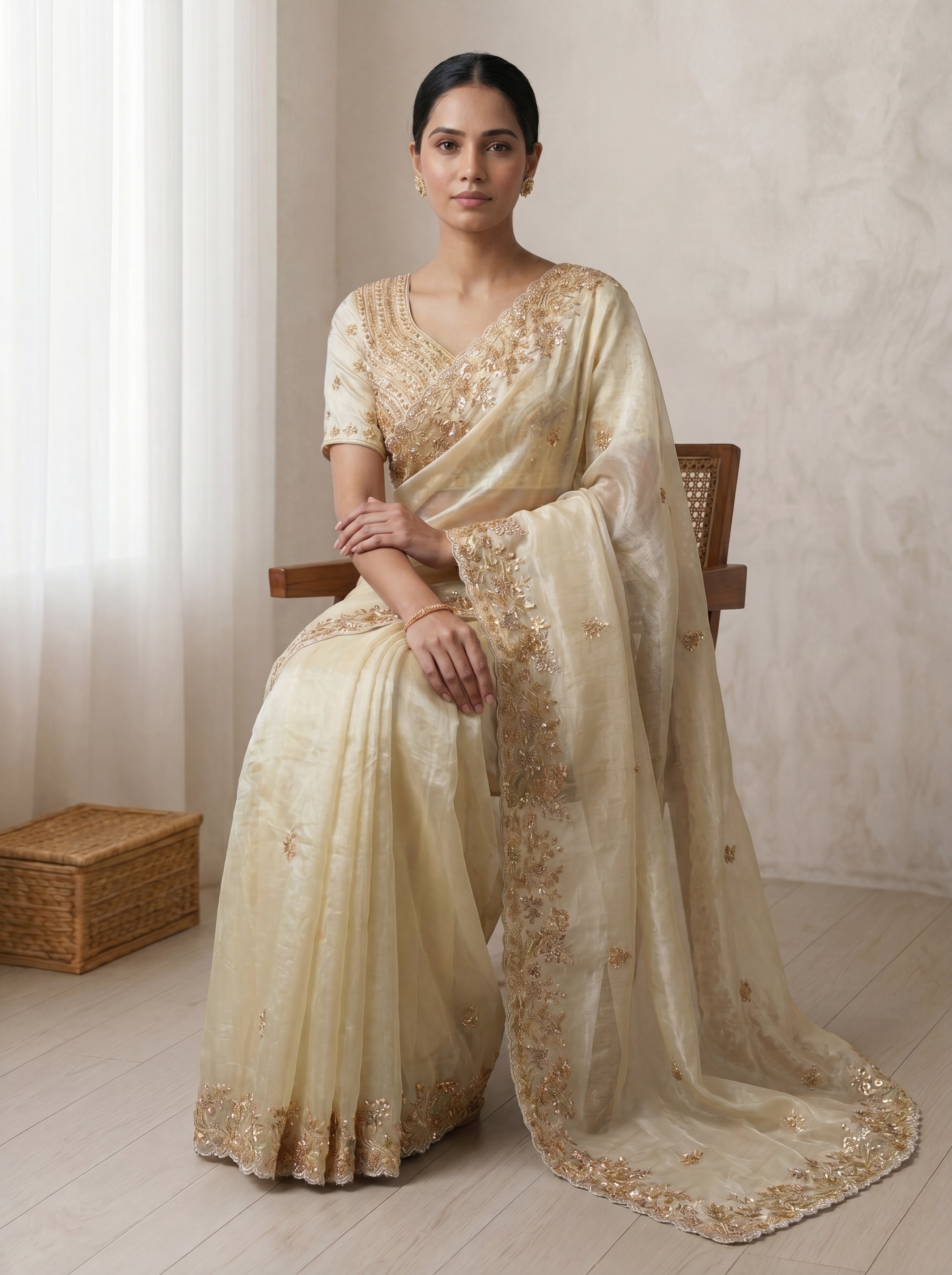Royal Ivory Cream Fendi Saree with Intricate Sequins, Embroidery, Multi Work & Beaded Border Detailing