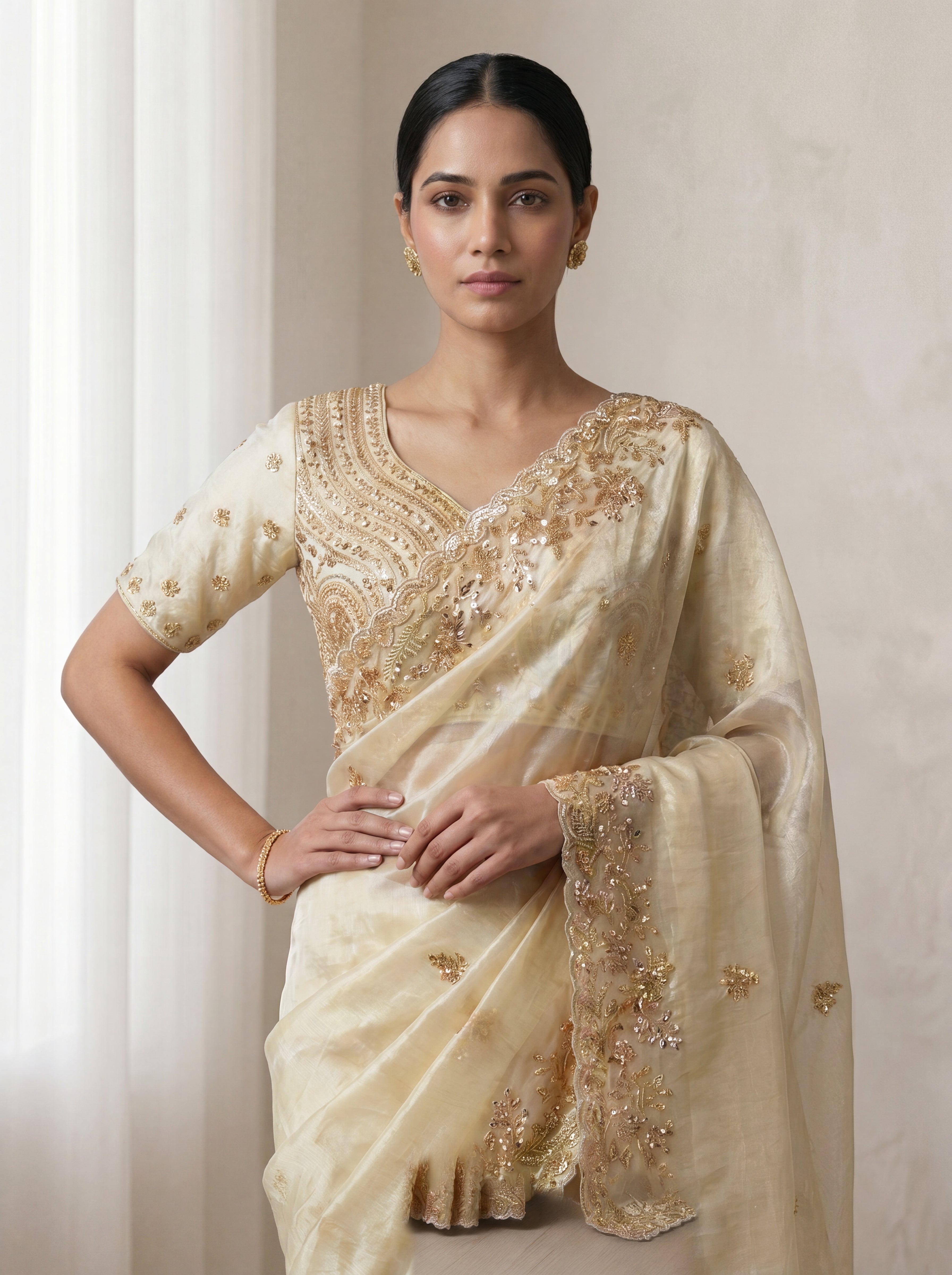 Royal Ivory Cream Fendi Saree with Intricate Sequins, Embroidery, Multi Work & Beaded Border Detailing