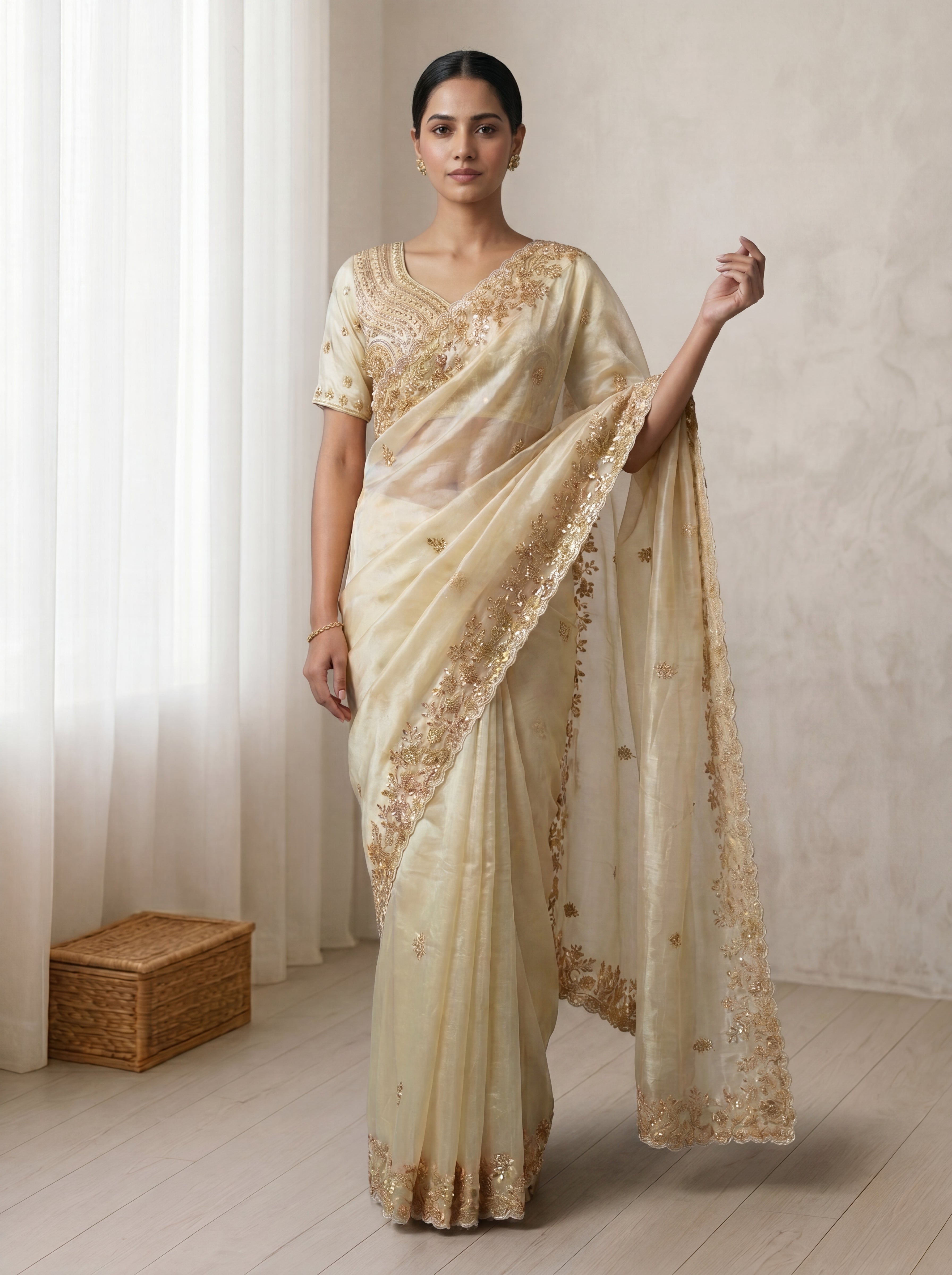 Royal Ivory Cream Fendi Saree with Intricate Sequins, Embroidery, Multi Work & Beaded Border Detailing