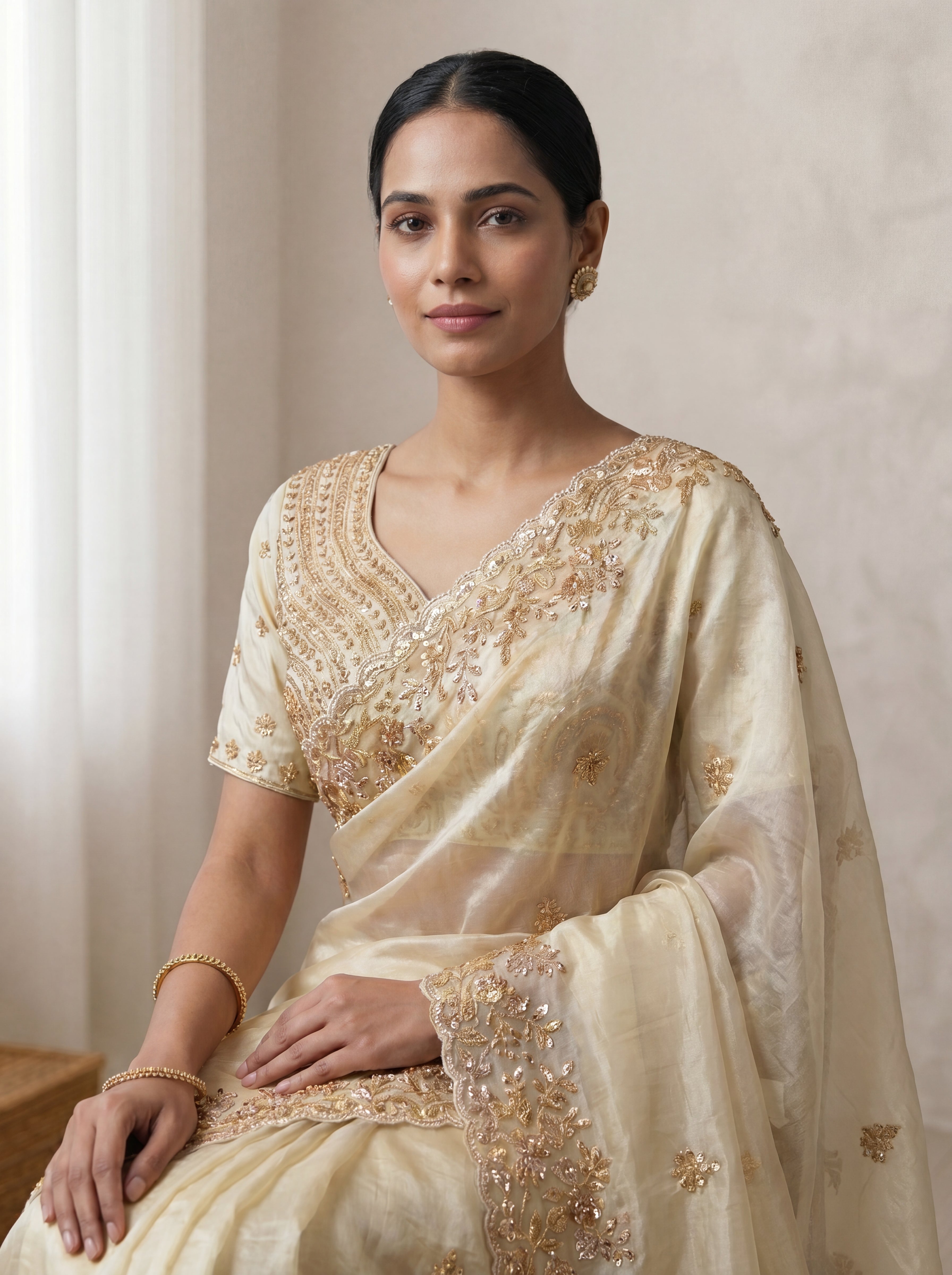 Royal Ivory Cream Fendi Saree with Intricate Sequins, Embroidery, Multi Work & Beaded Border Detailing