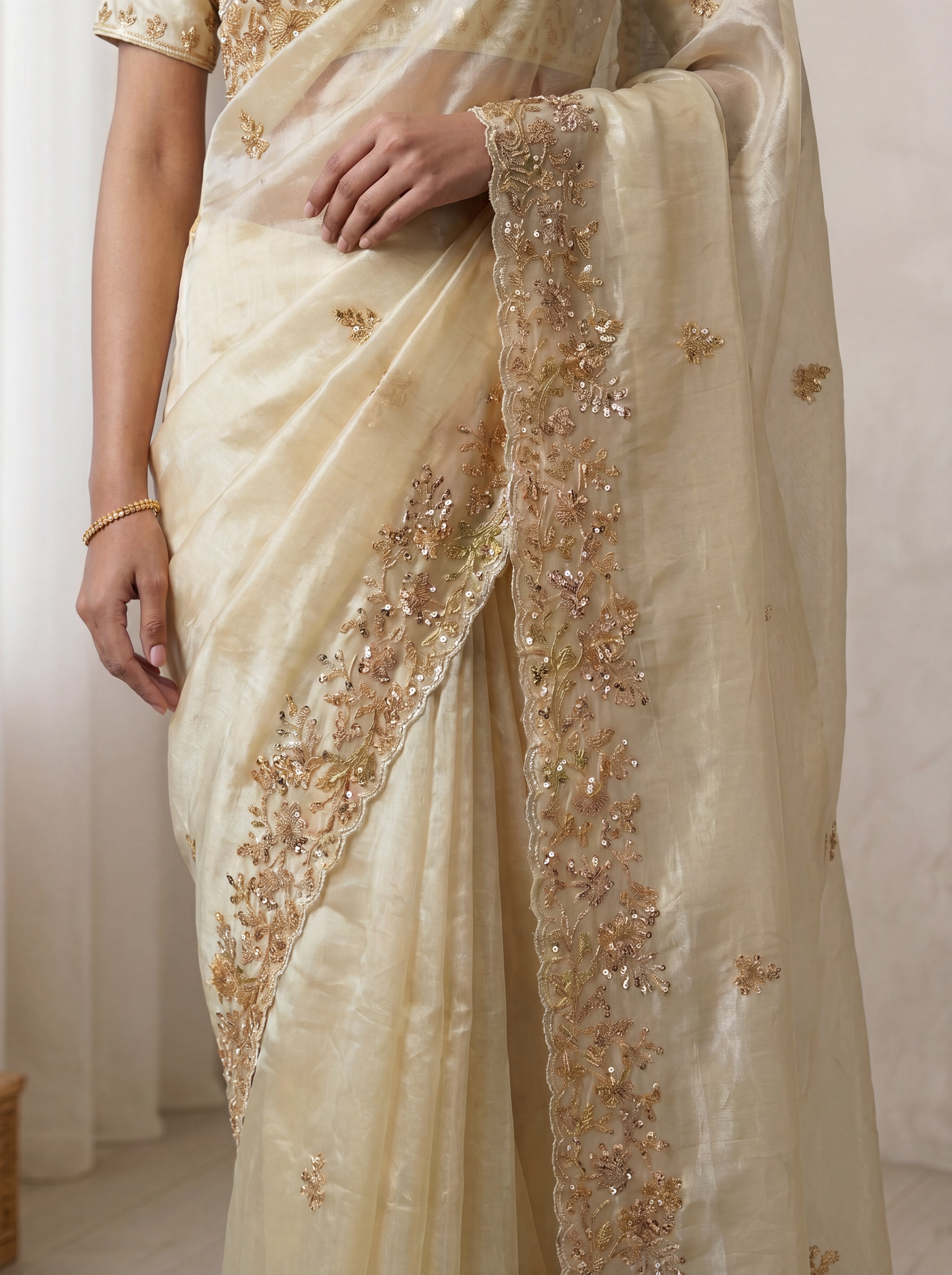 Royal Ivory Cream Fendi Saree with Intricate Sequins, Embroidery, Multi Work & Beaded Border Detailing