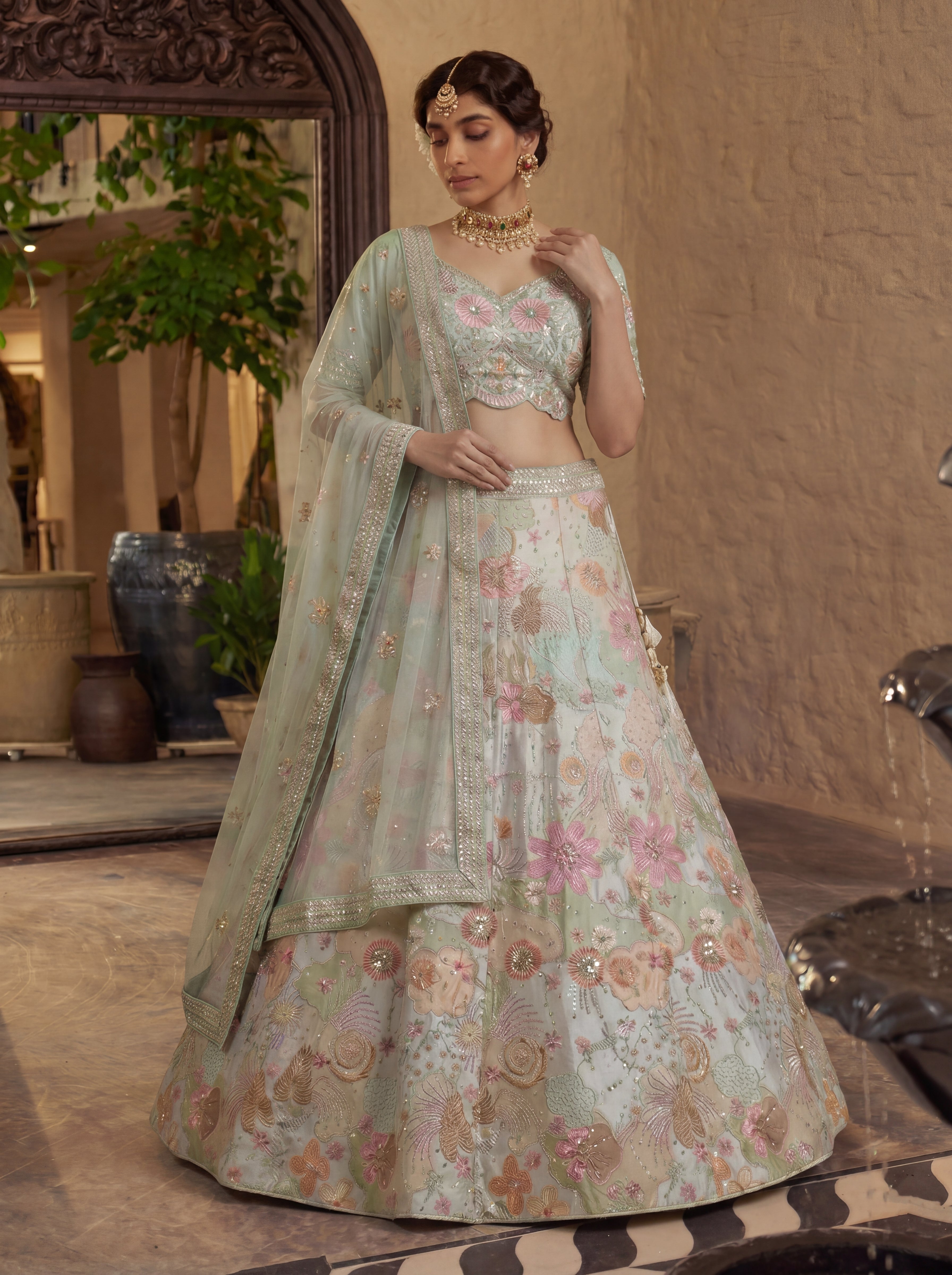 Pastel Green Viscose Embroidered Sequins Wedding Lehenga Choli Set