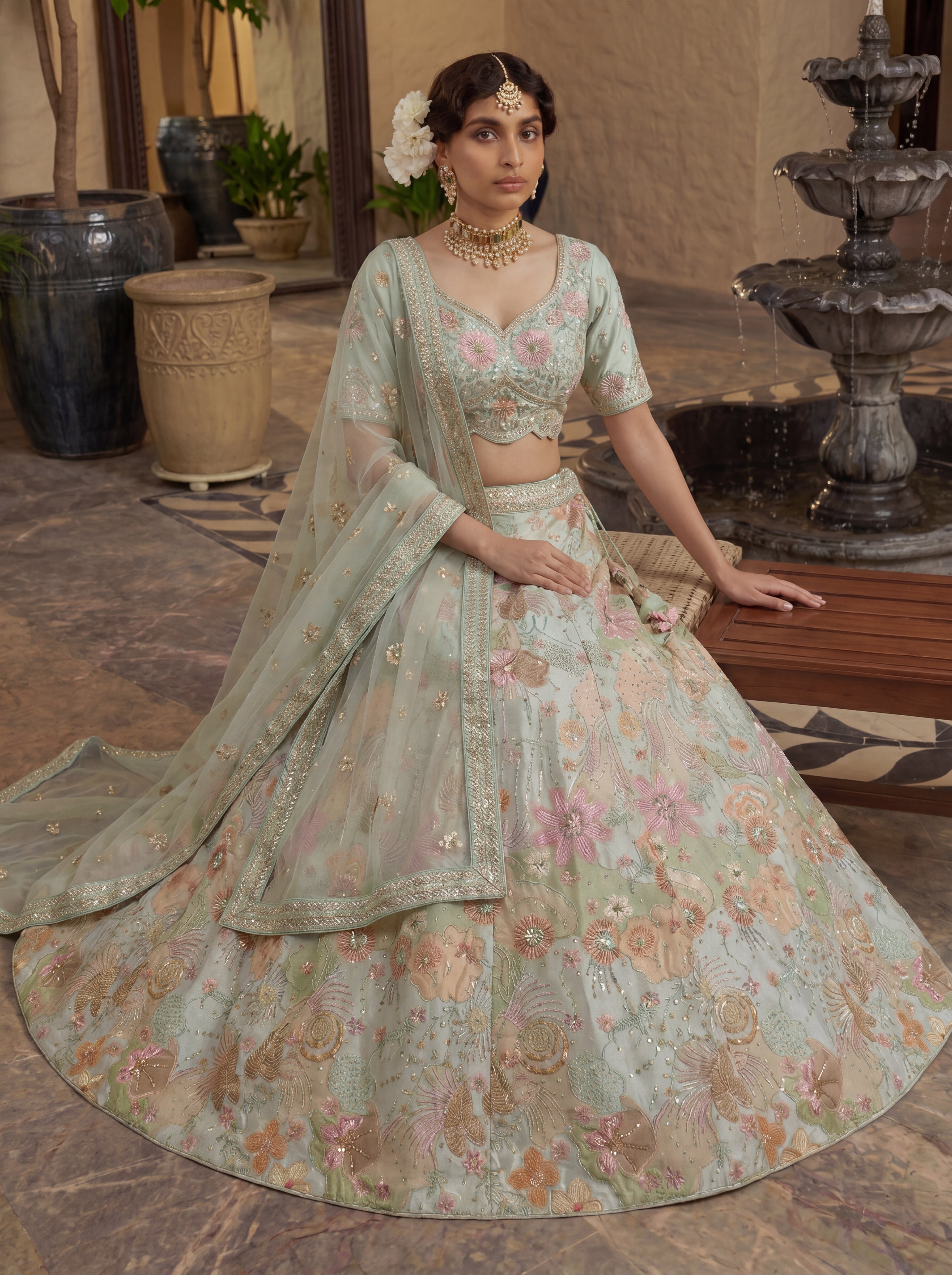 Pastel Green Viscose Embroidered Sequins Wedding Lehenga Choli Set