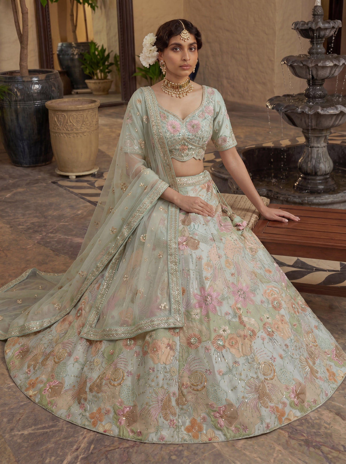 Pastel Green Viscose Embroidered Sequins Wedding Lehenga Choli Set