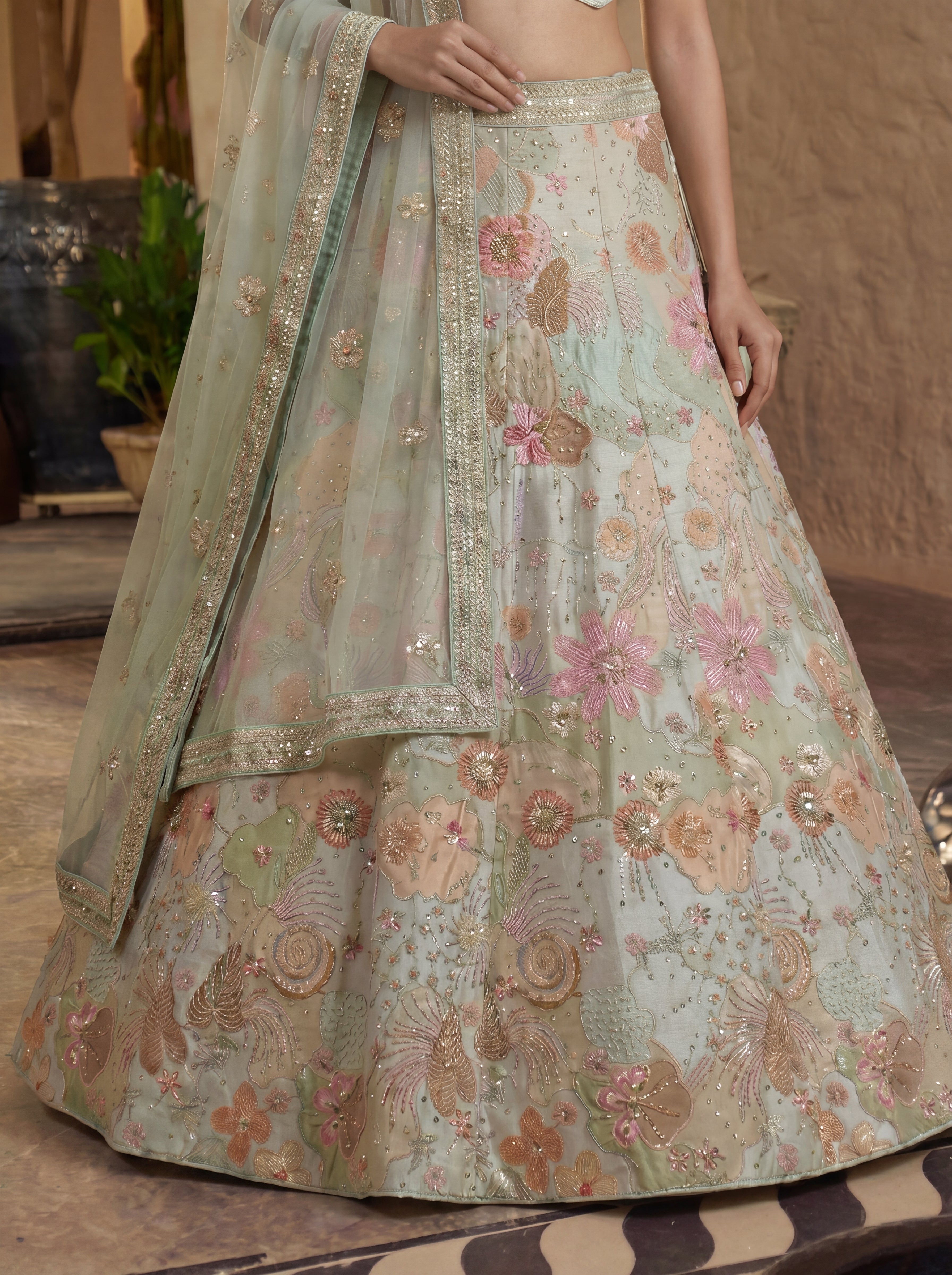 Pastel Green Viscose Embroidered Sequins Wedding Lehenga Choli Set