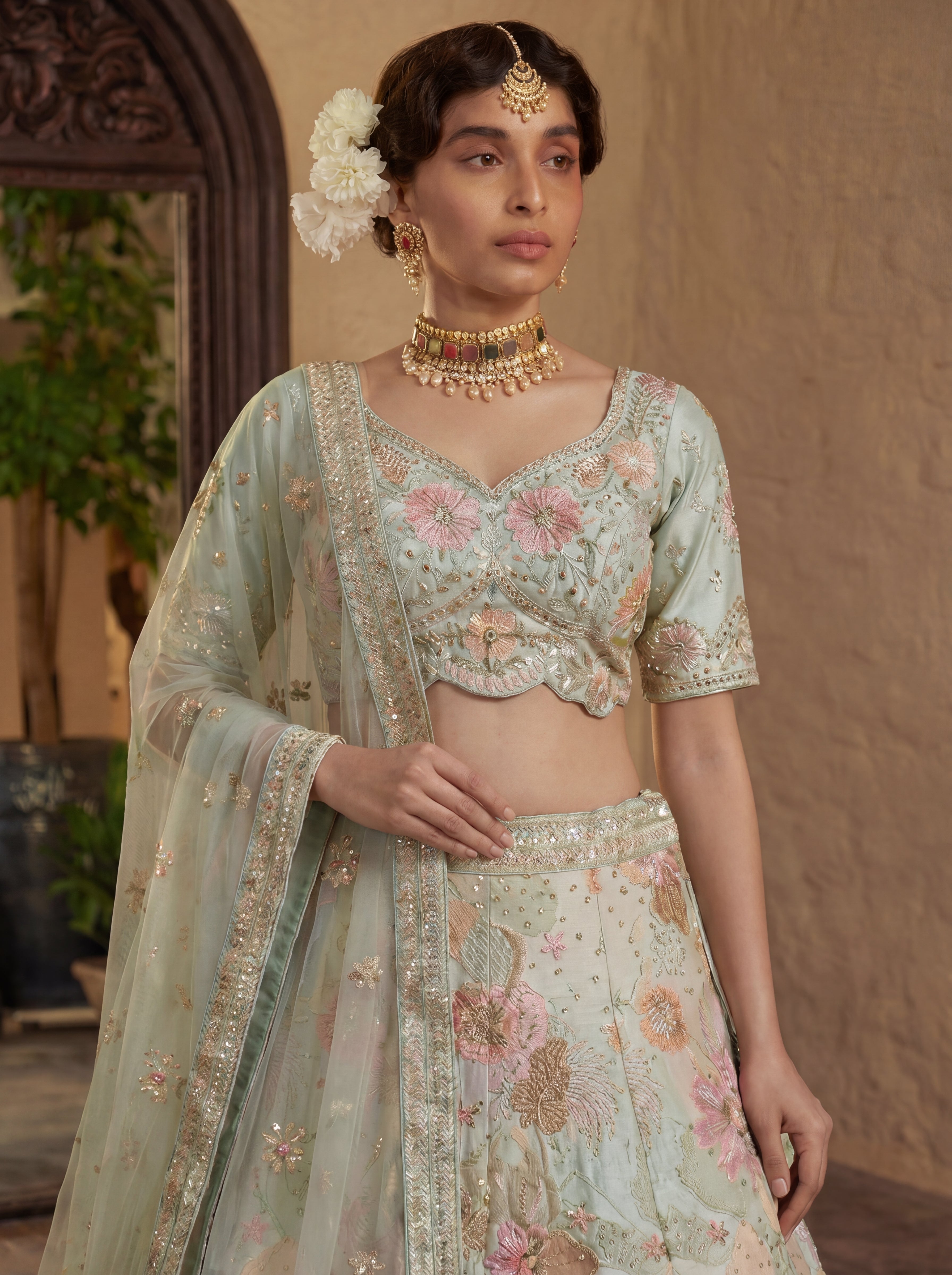 Pastel Green Viscose Embroidered Sequins Wedding Lehenga Choli Set