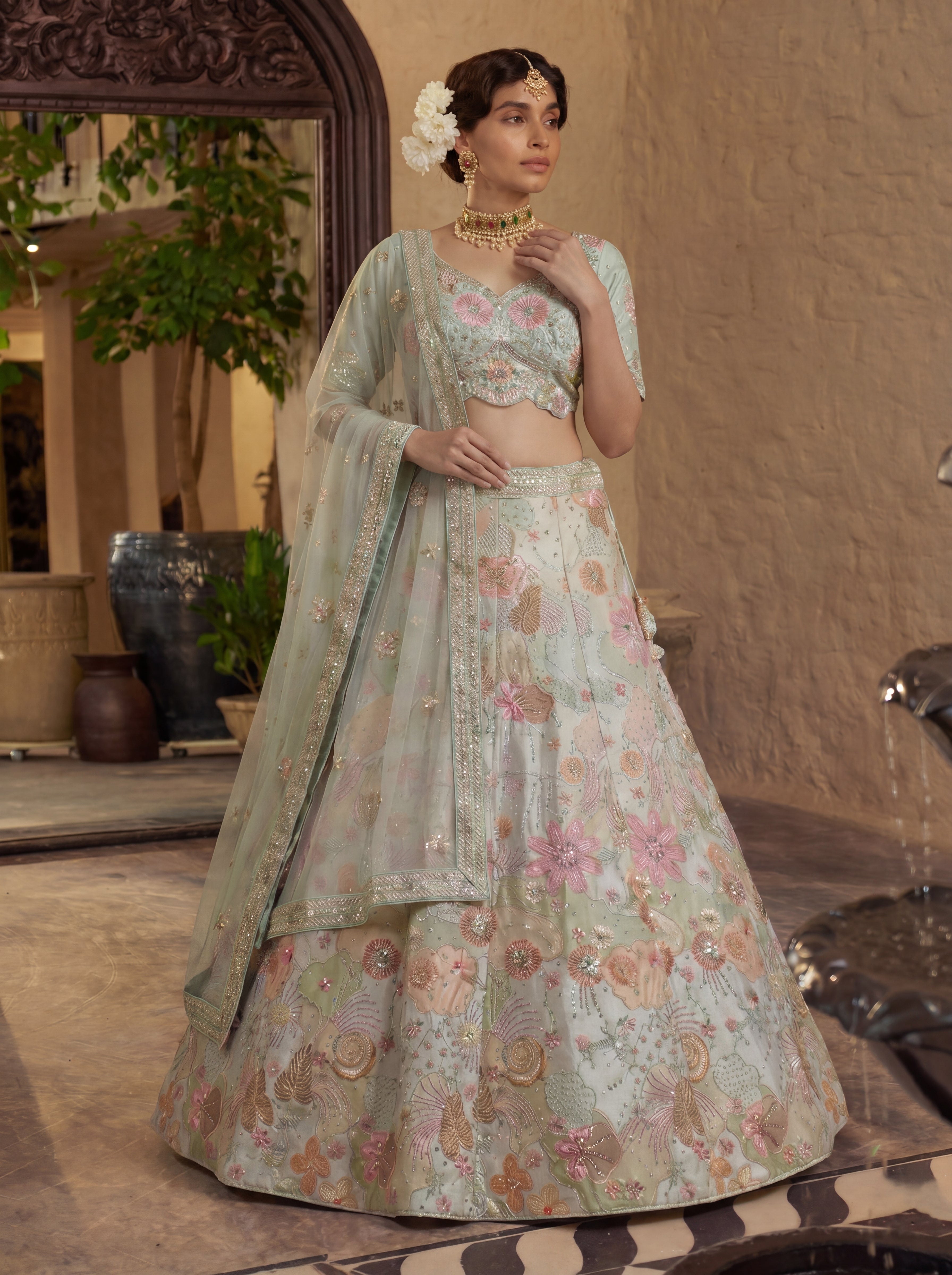 Pastel Green Viscose Embroidered Sequins Wedding Lehenga Choli Set