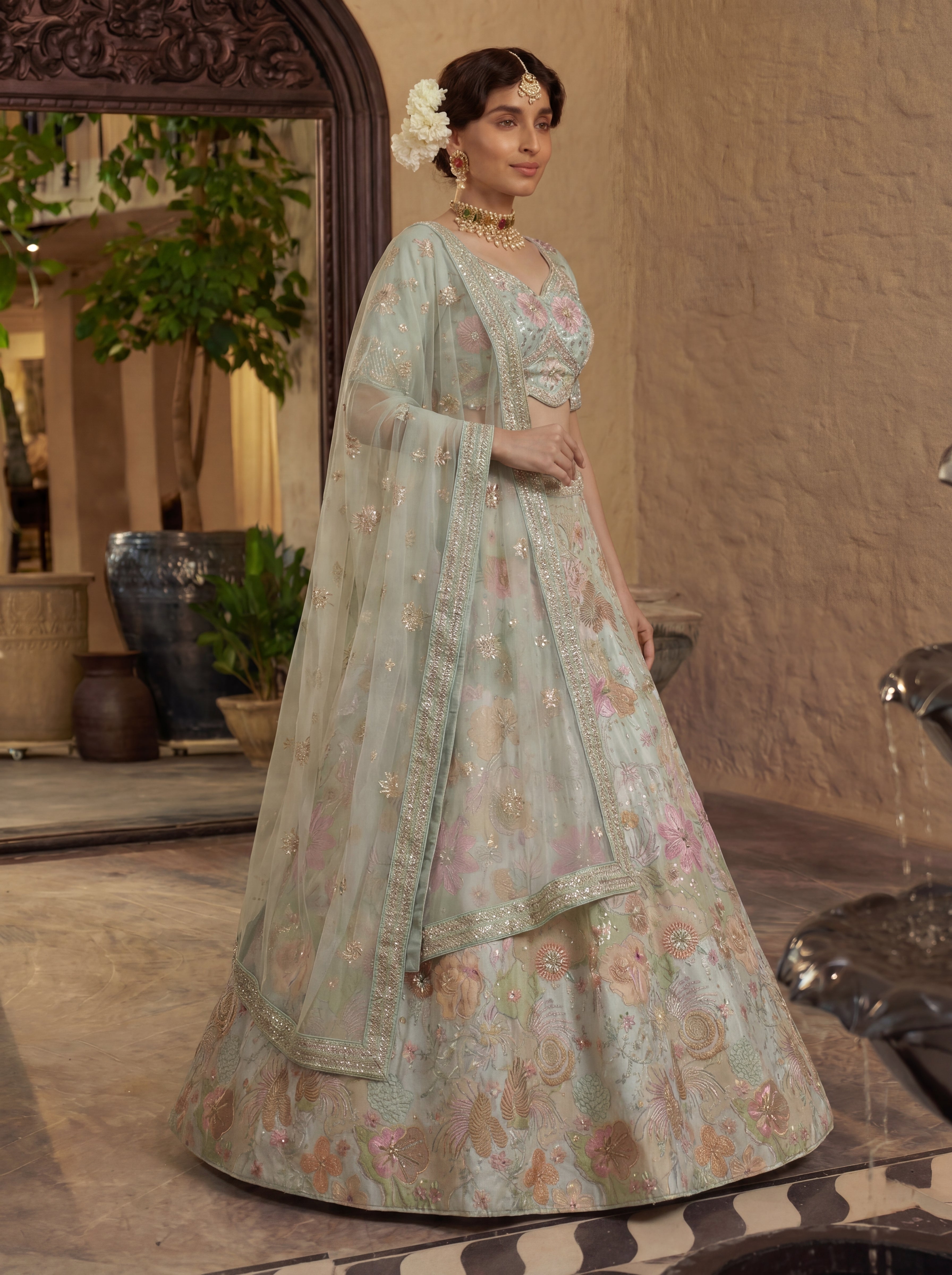 Pastel Green Viscose Embroidered Sequins Wedding Lehenga Choli Set