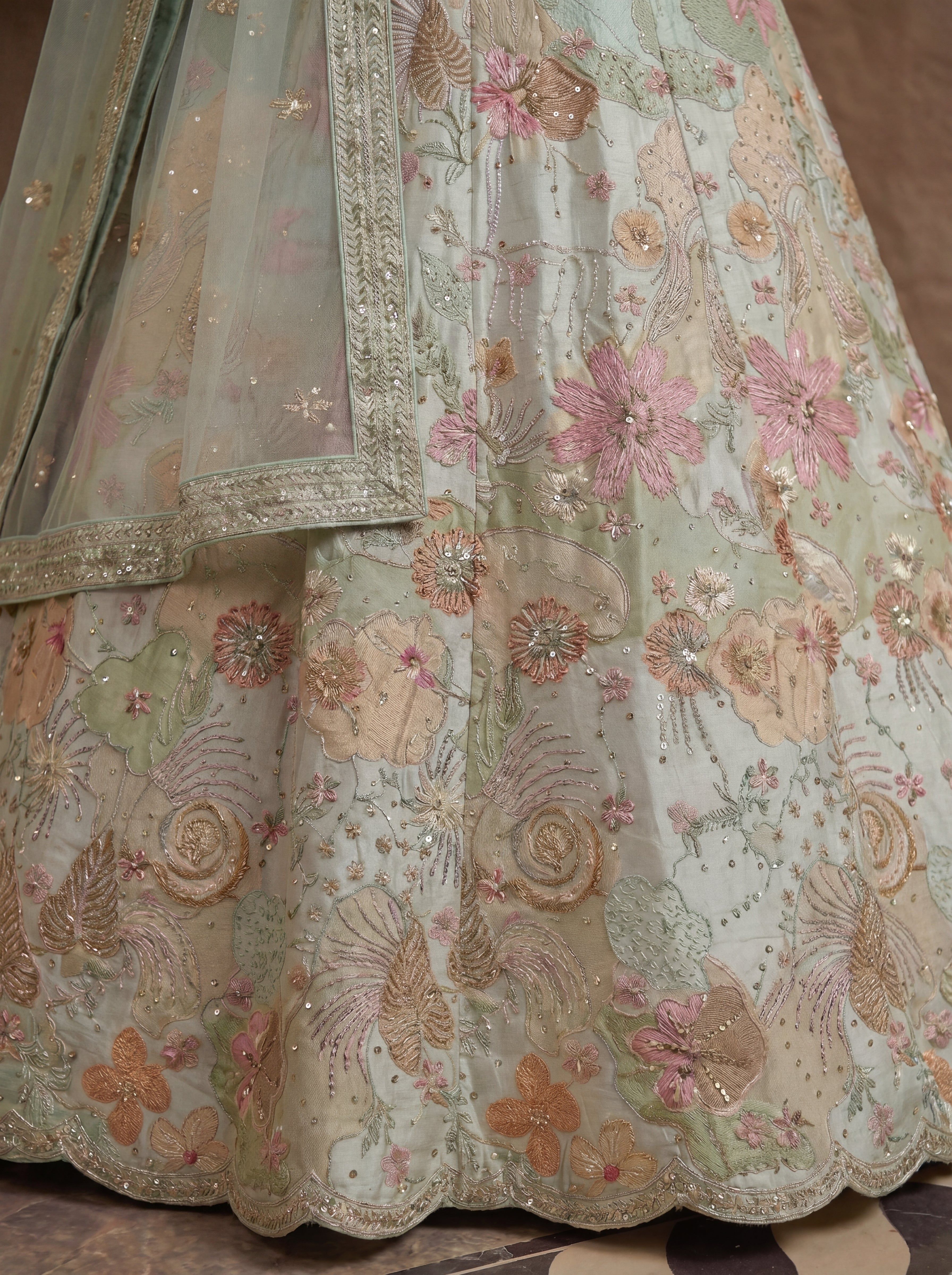 Pastel Green Viscose Embroidered Sequins Wedding Lehenga Choli Set