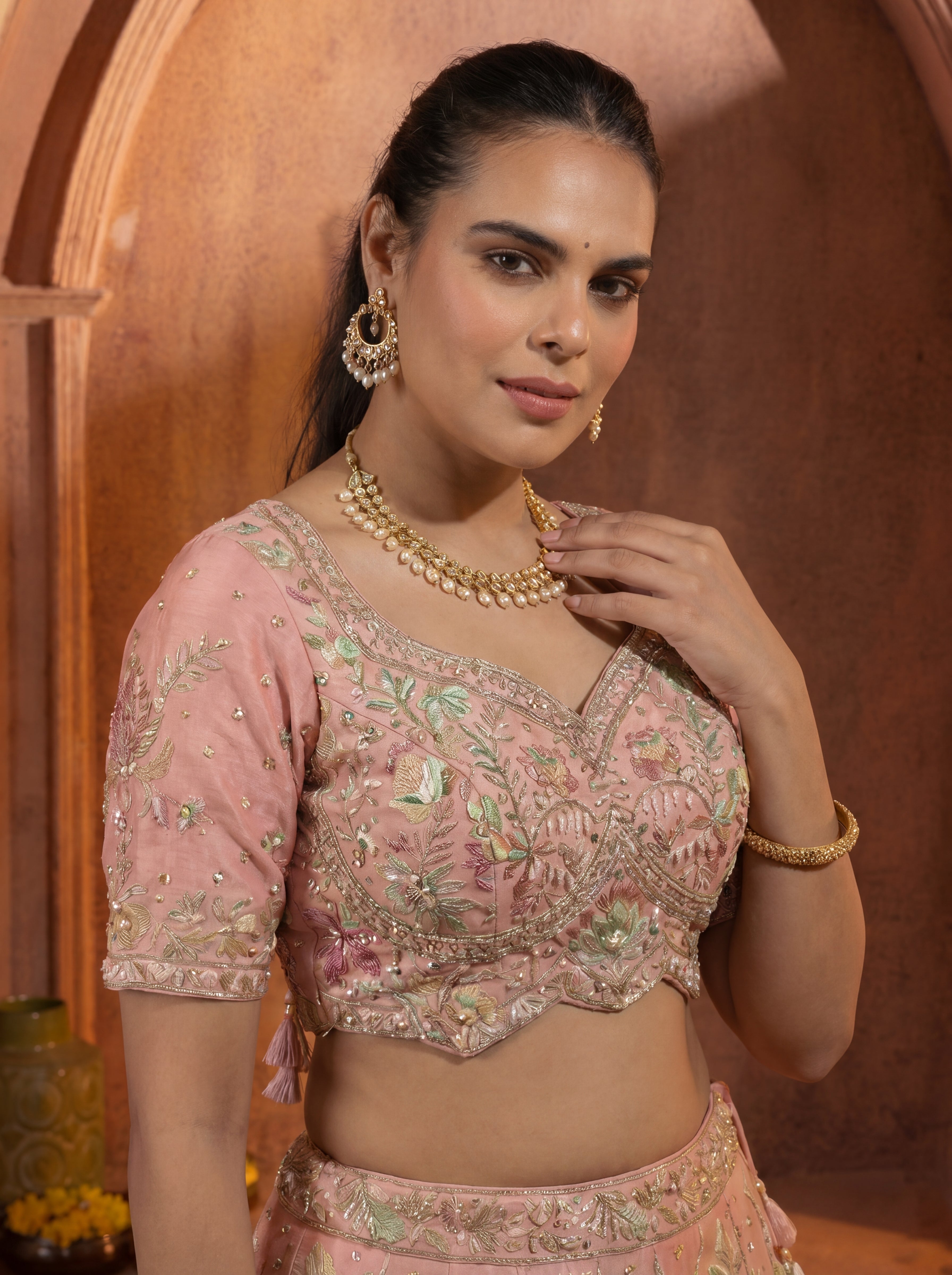 Pink Viscose Embroidered Sequins Wedding Lehenga Choli Set