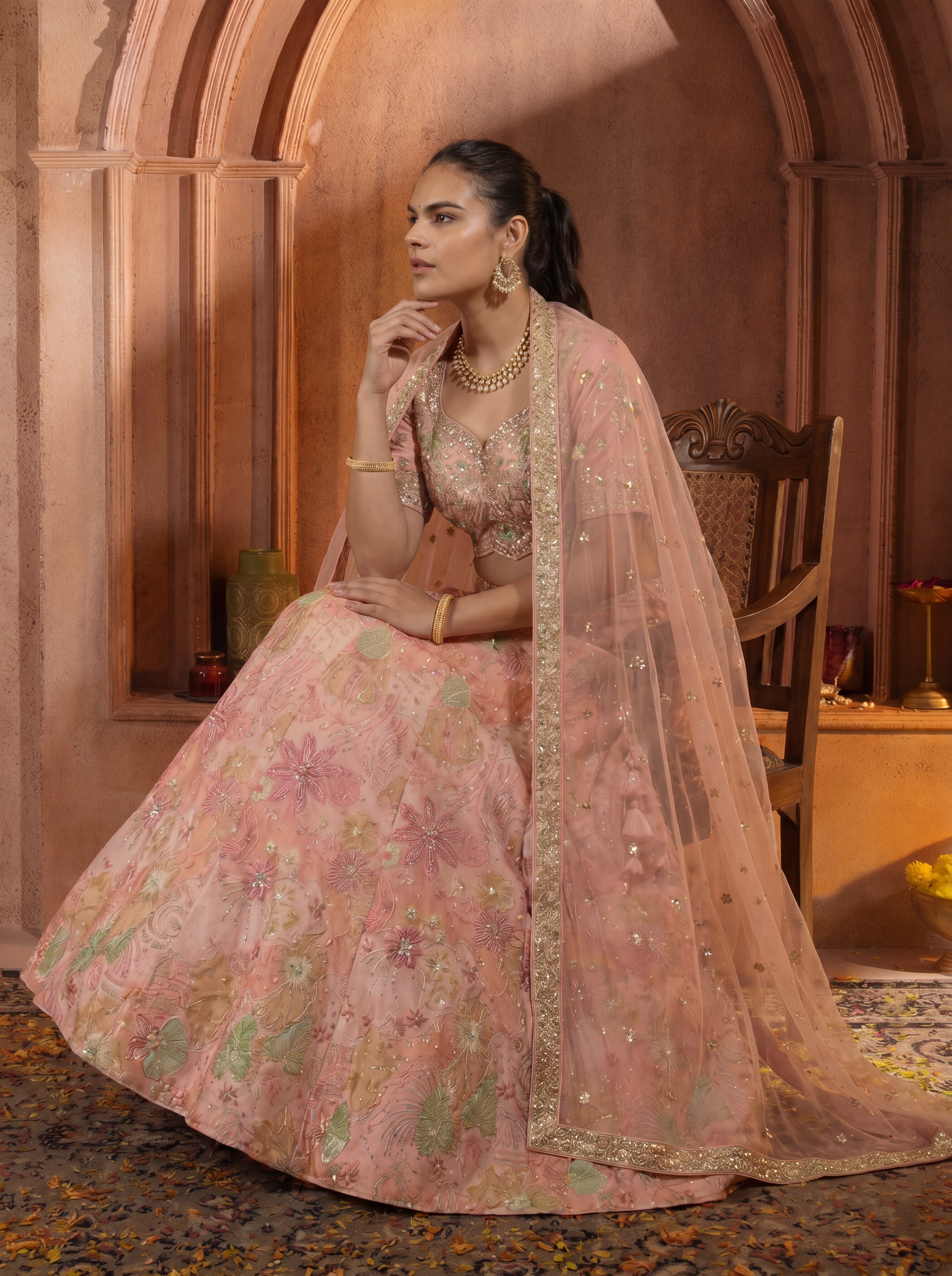 Pink Viscose Embroidered Sequins Wedding Lehenga Choli Set