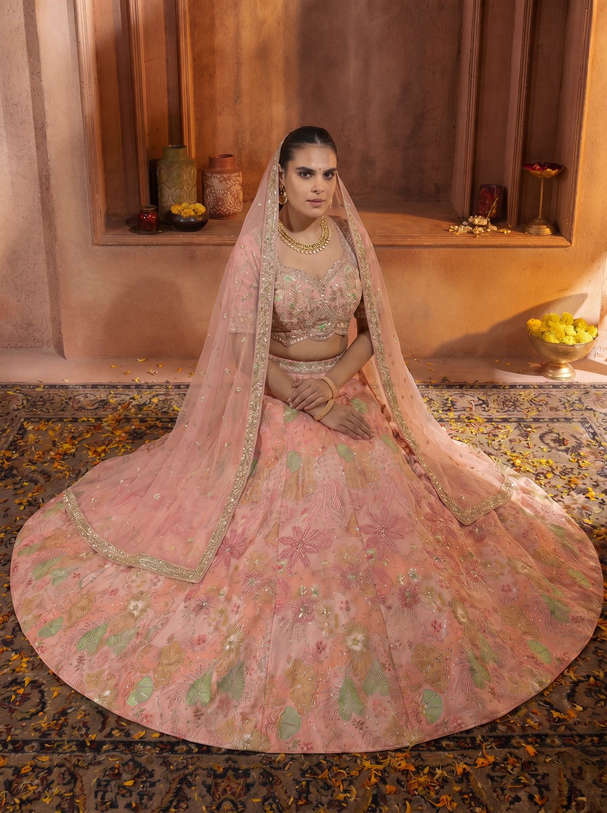 Pink Viscose Embroidered Sequins Wedding Lehenga Choli Set