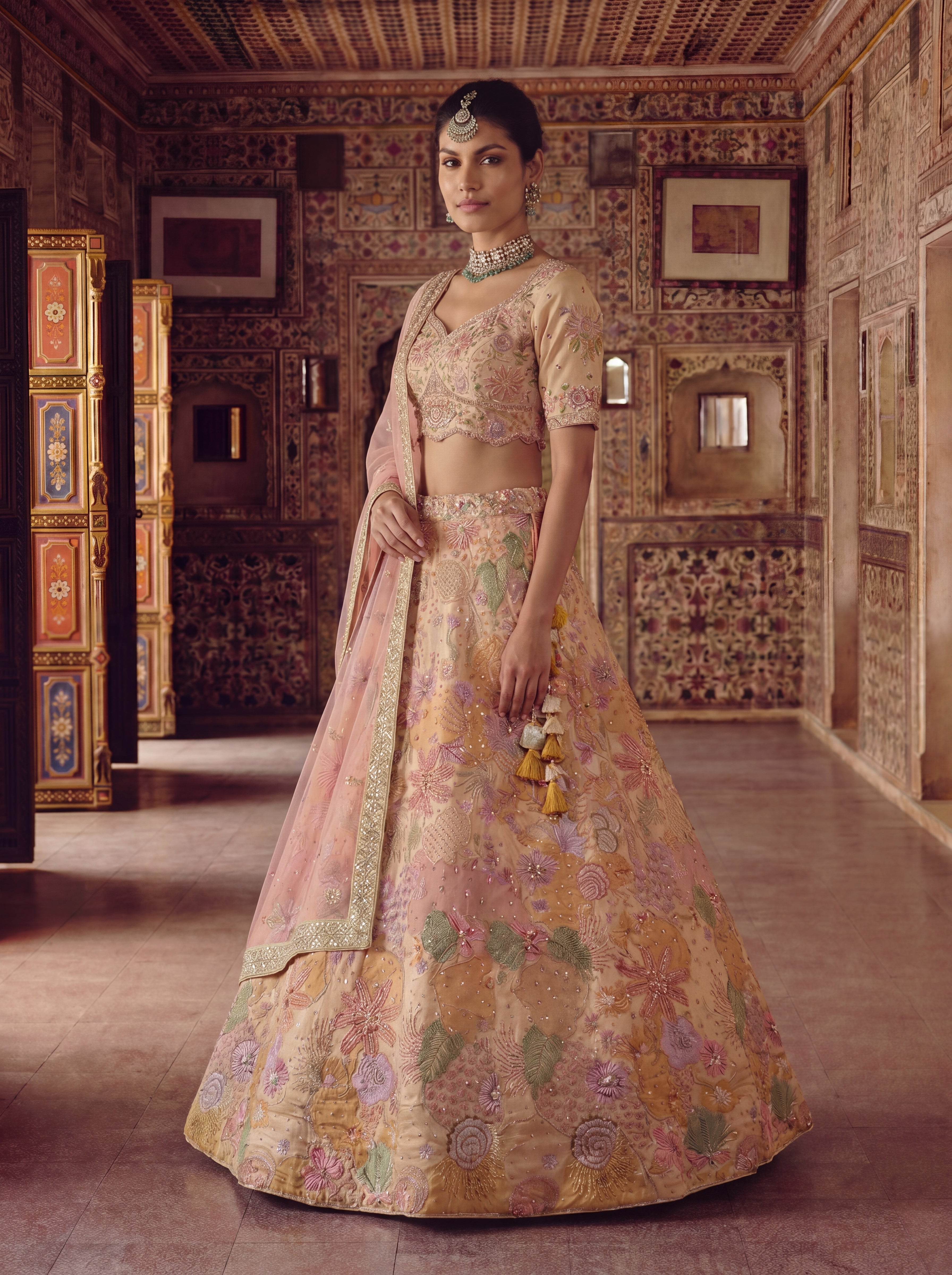 Peach Viscose Embroidered Mirror Work Bridal Lehenga Choli Set