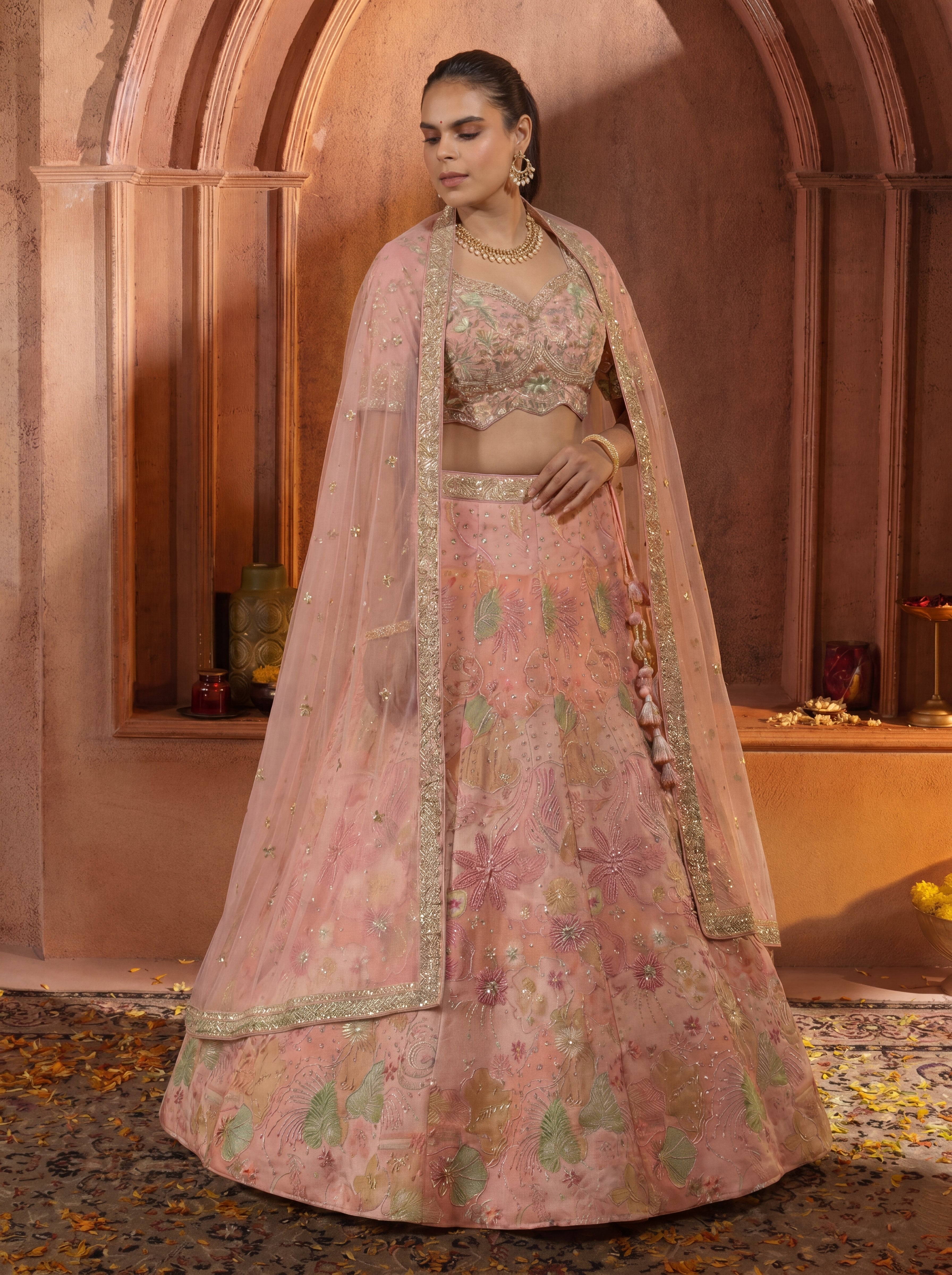 Pink Viscose Embroidered Sequins Wedding Lehenga Choli Set