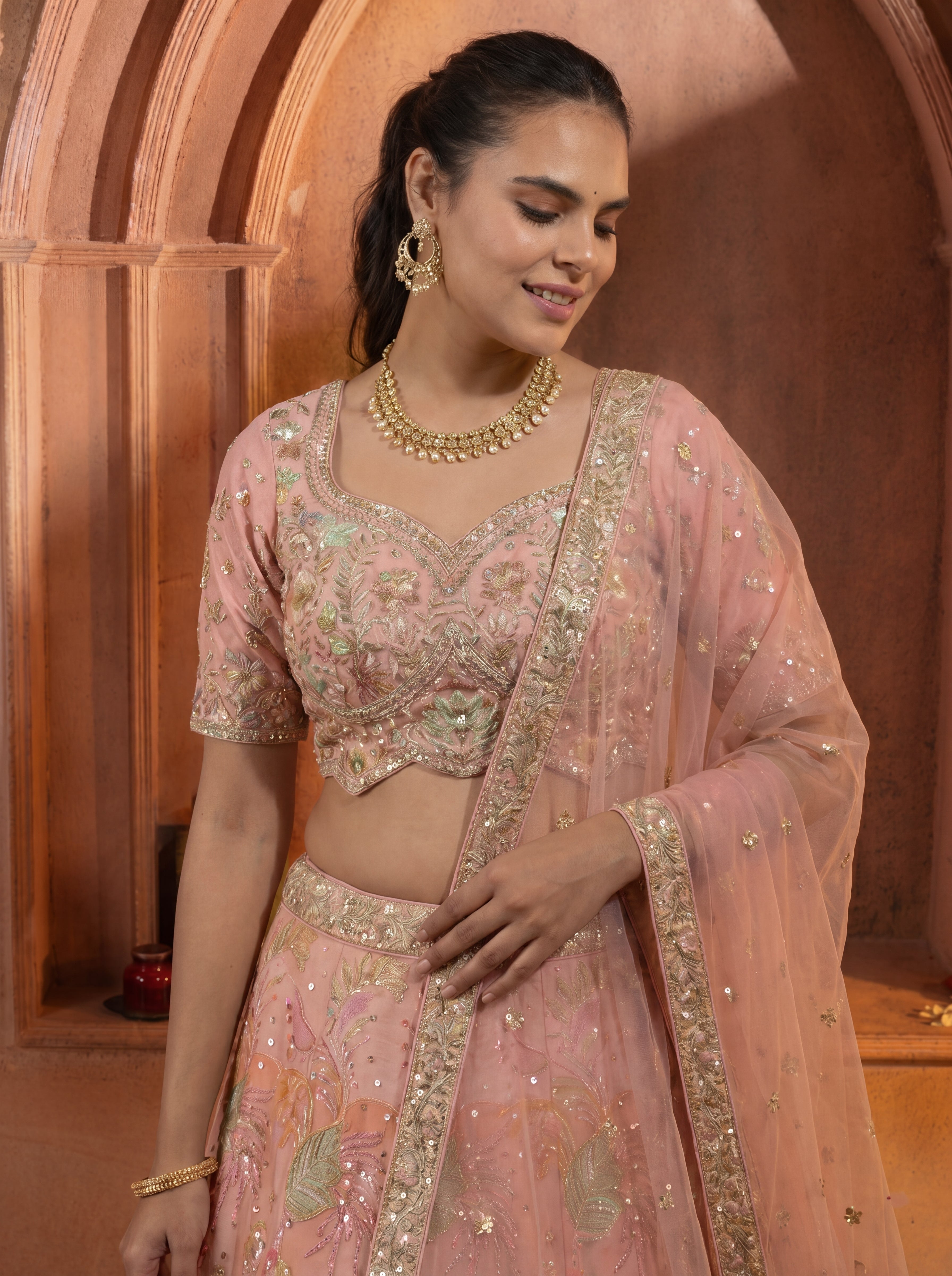 Pink Viscose Embroidered Sequins Wedding Lehenga Choli Set
