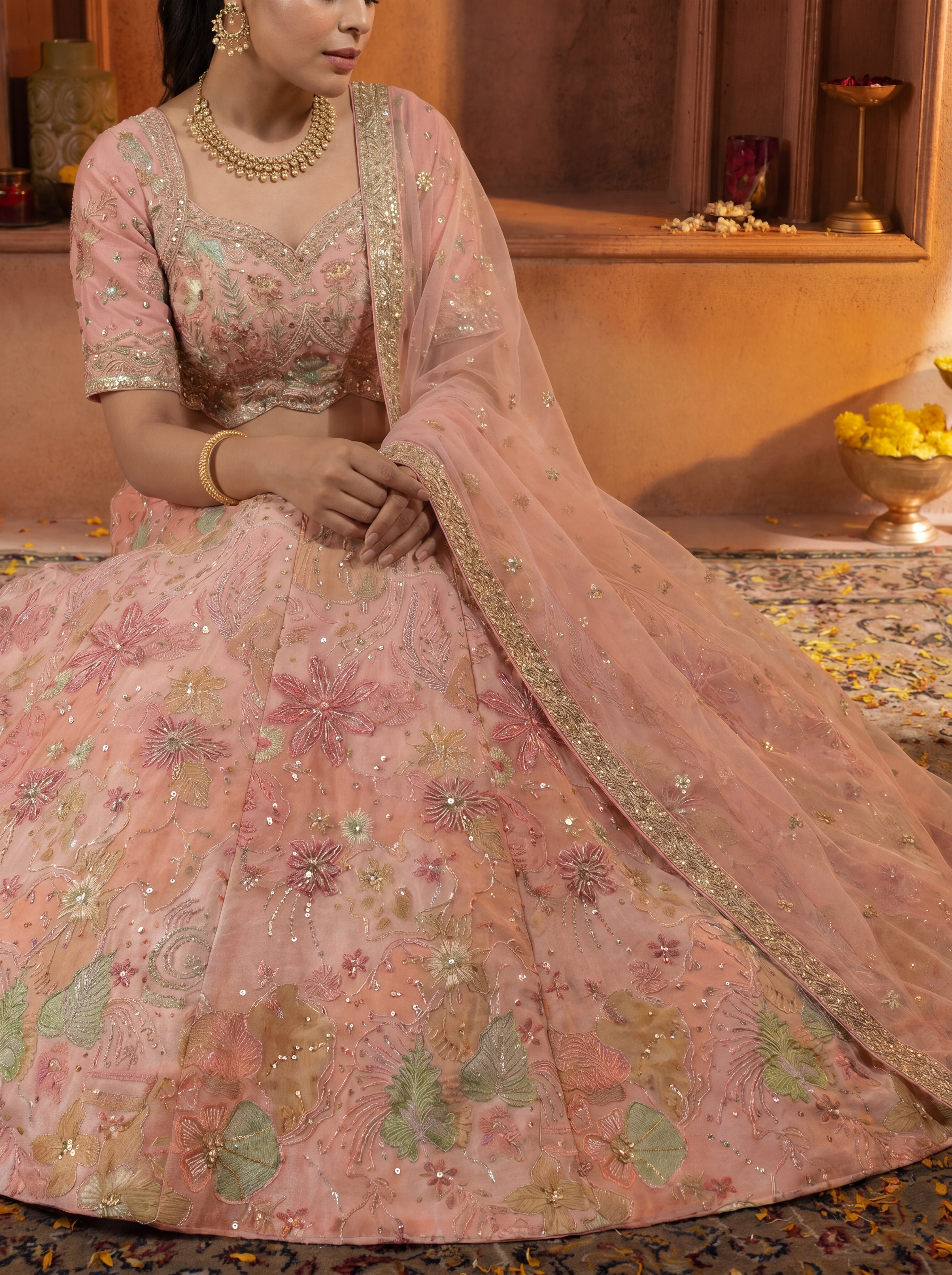Pink Viscose Embroidered Sequins Wedding Lehenga Choli Set