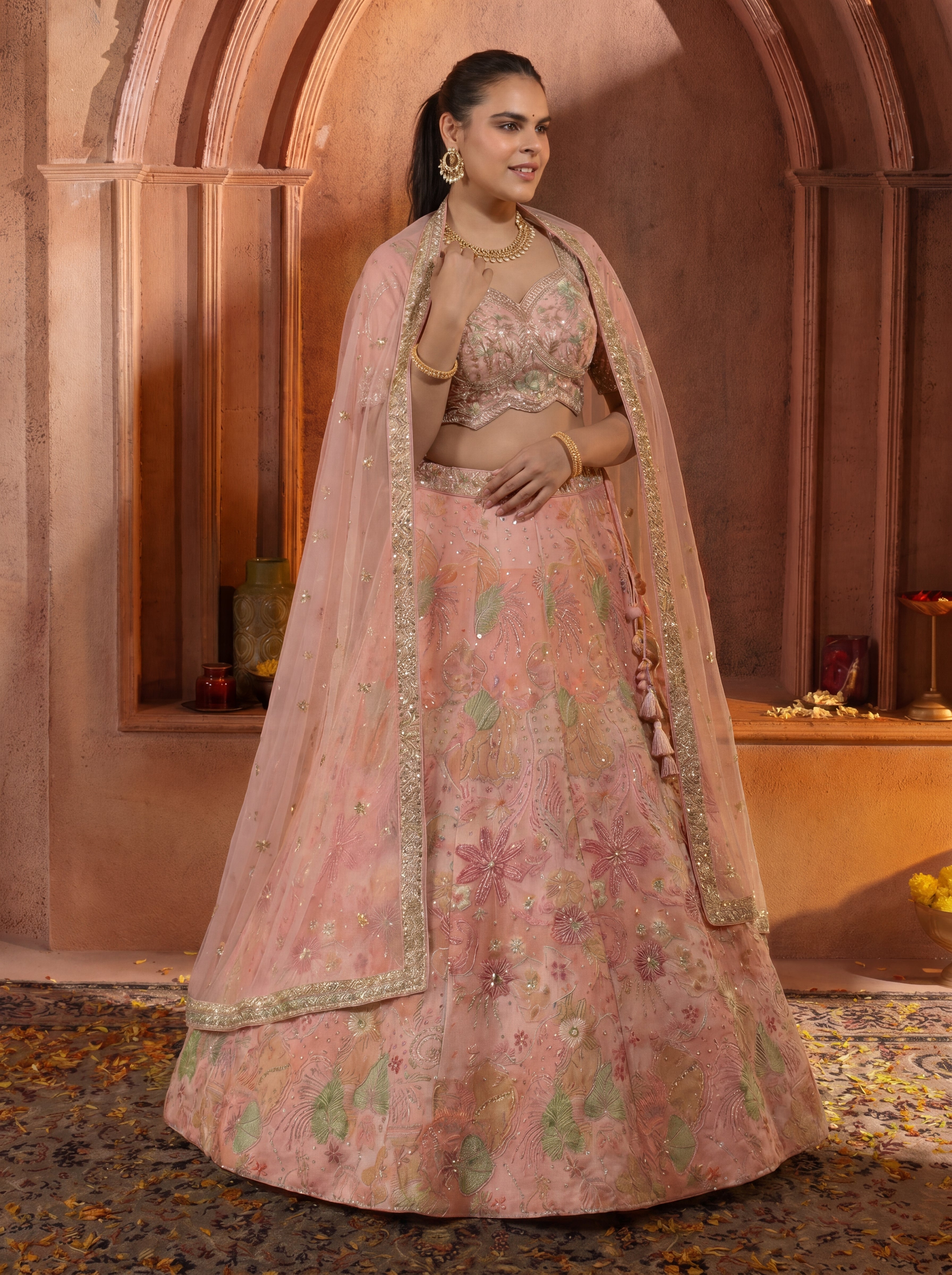 Pink Viscose Embroidered Sequins Wedding Lehenga Choli Set