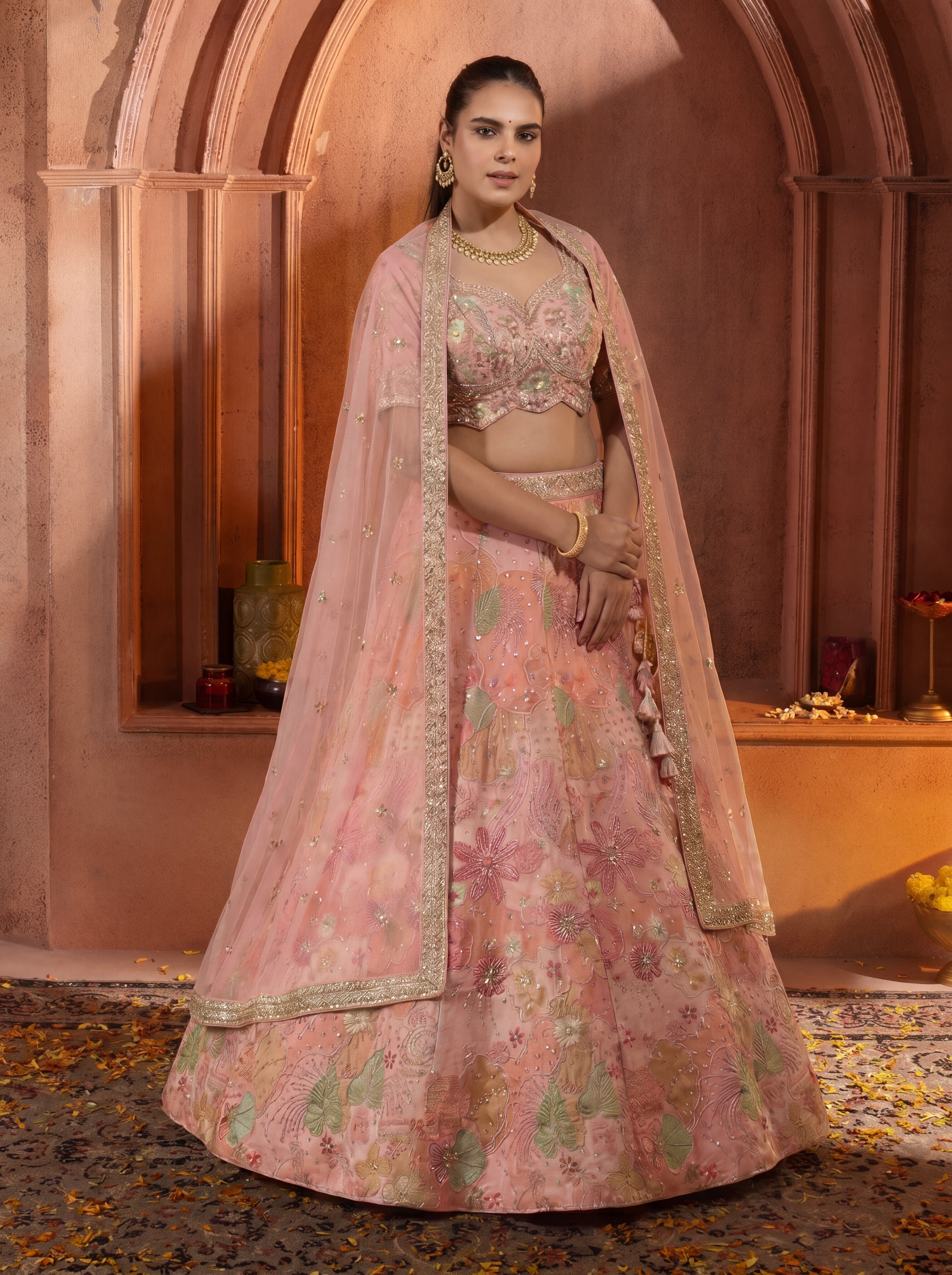 Pink Viscose Embroidered Sequins Wedding Lehenga Choli Set