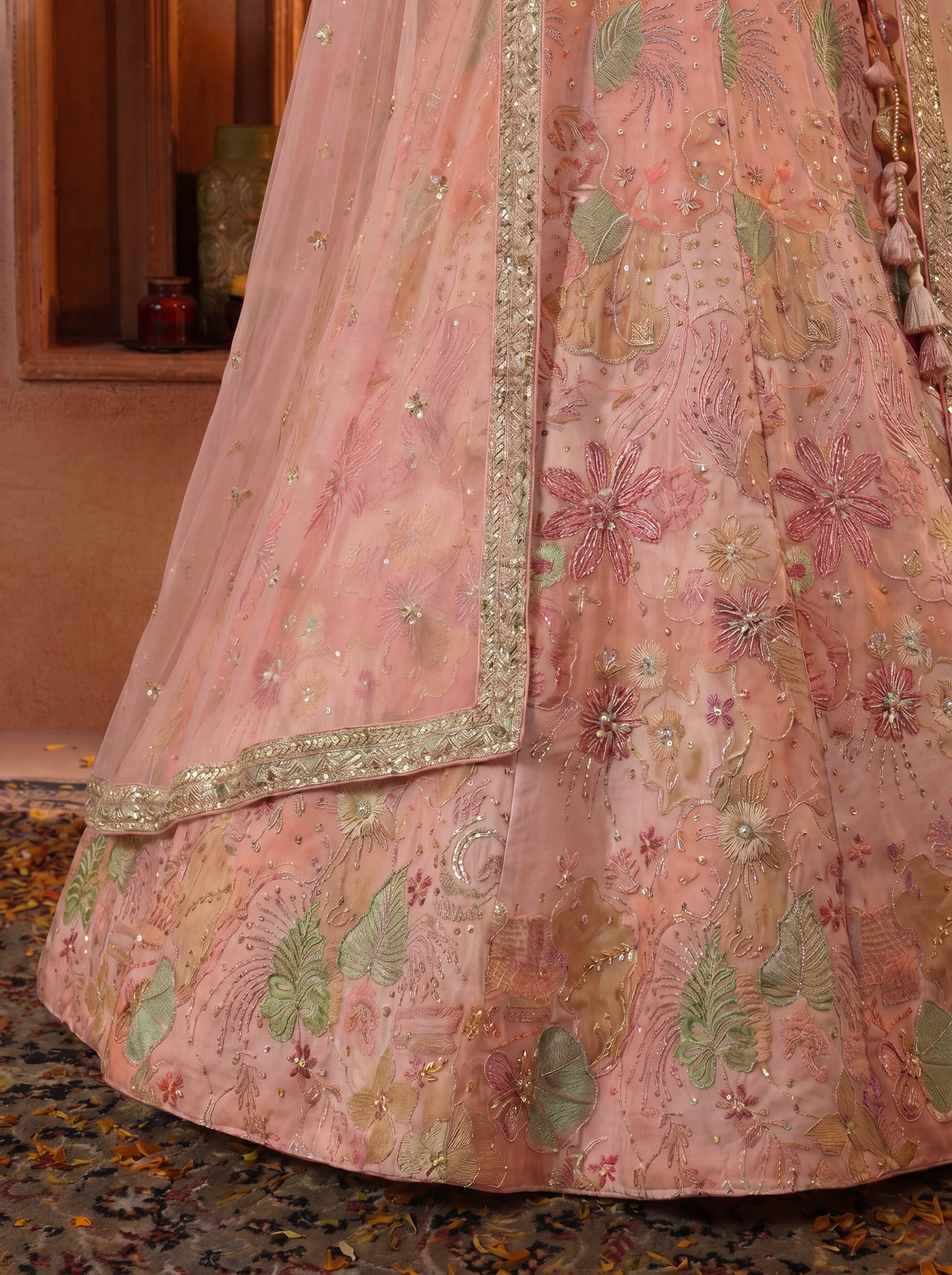 Pink Viscose Embroidered Sequins Wedding Lehenga Choli Set