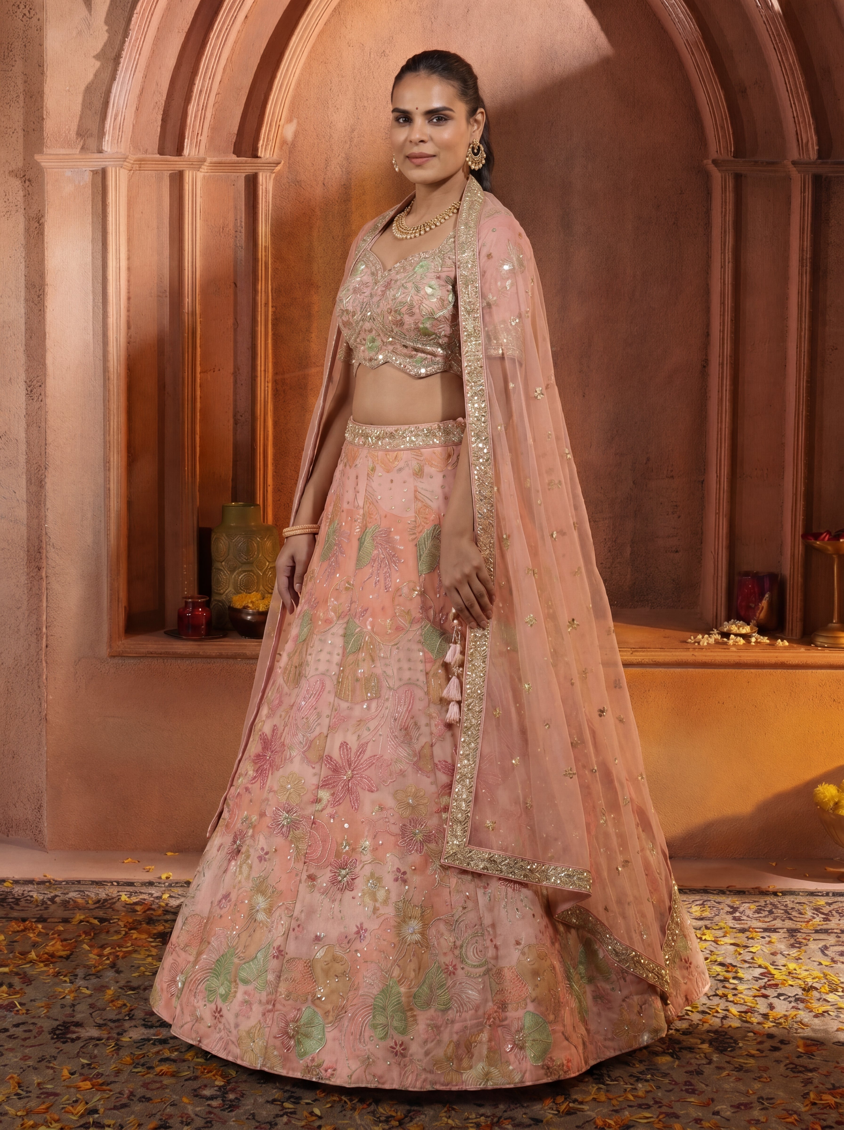 Pink Viscose Embroidered Sequins Wedding Lehenga Choli Set