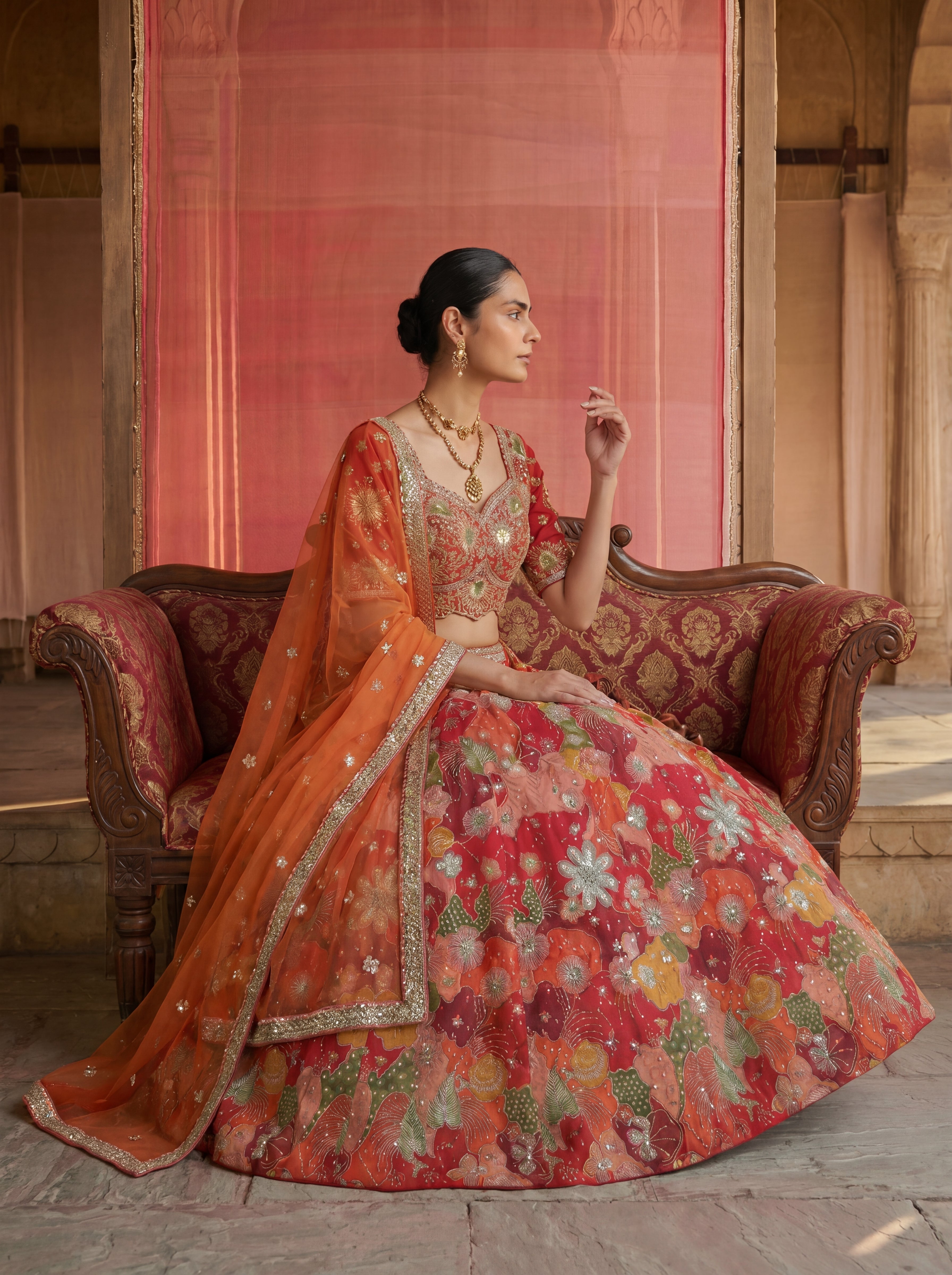 Coral Red Viscose Sequins Mirror Bridal Lehenga Choli Set