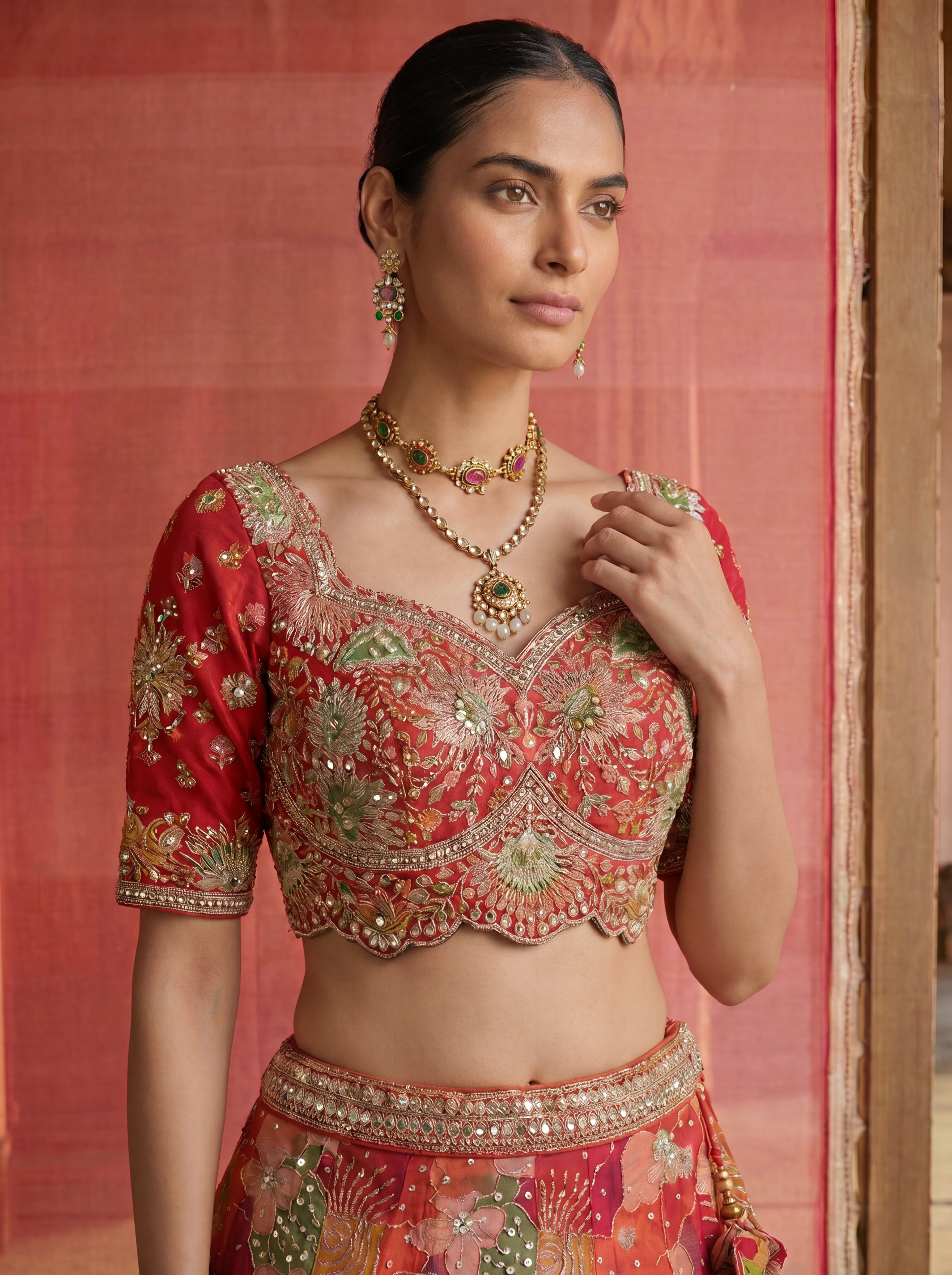 Coral Red Viscose Sequins Mirror Bridal Lehenga Choli Set