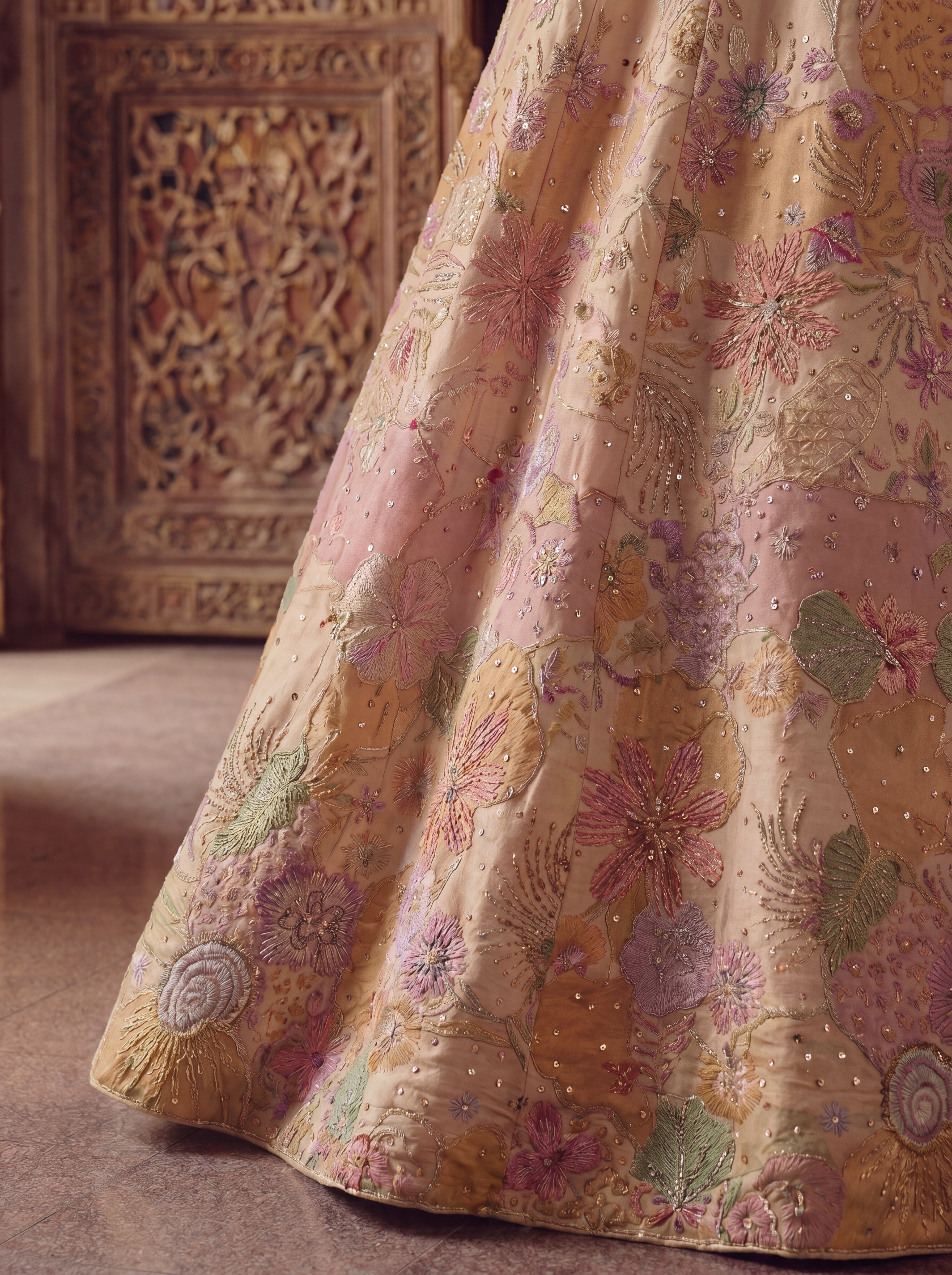 Peach Viscose Embroidered Mirror Work Bridal Lehenga Choli Set