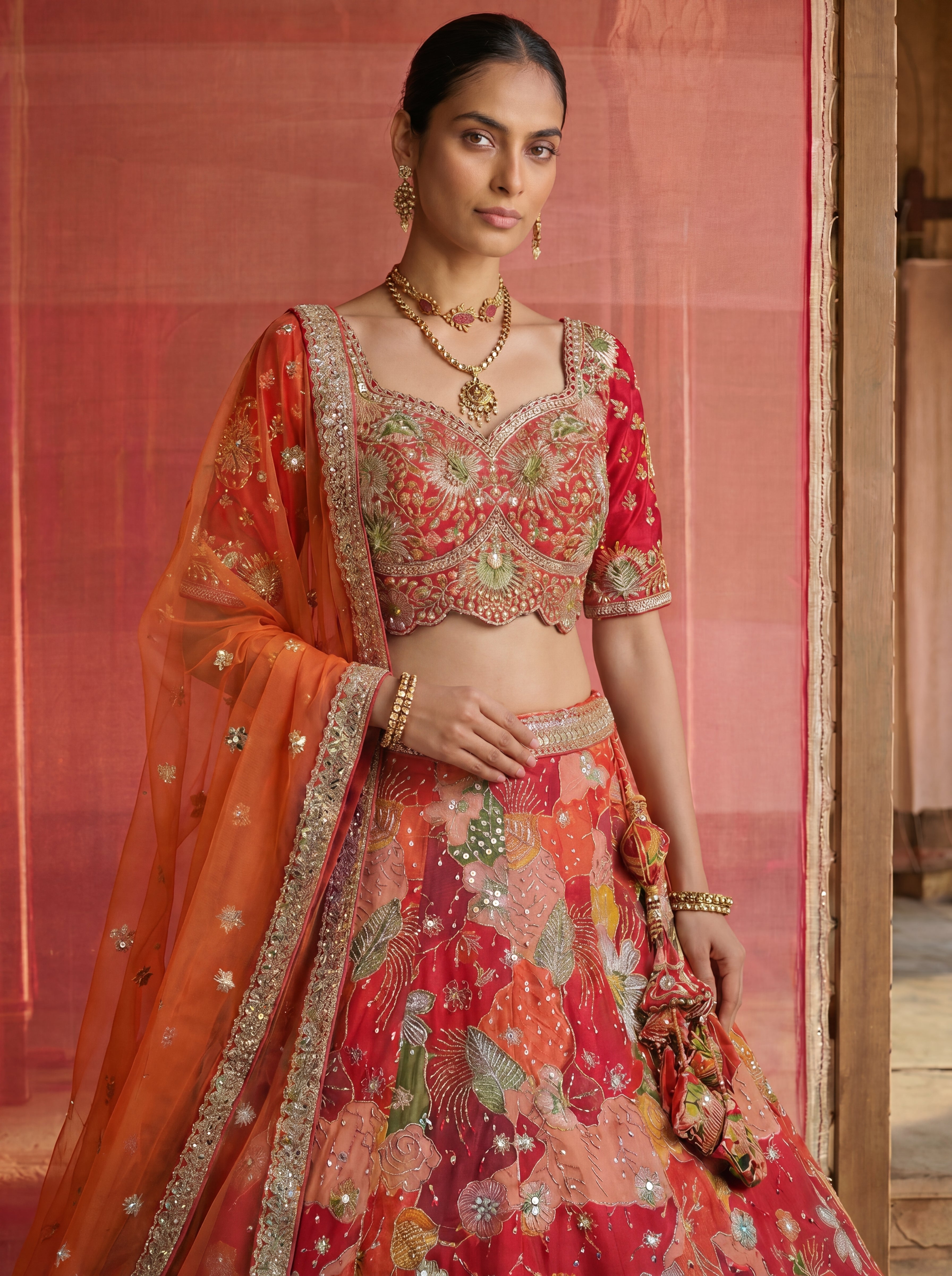 Coral Red Viscose Sequins Mirror Bridal Lehenga Choli Set
