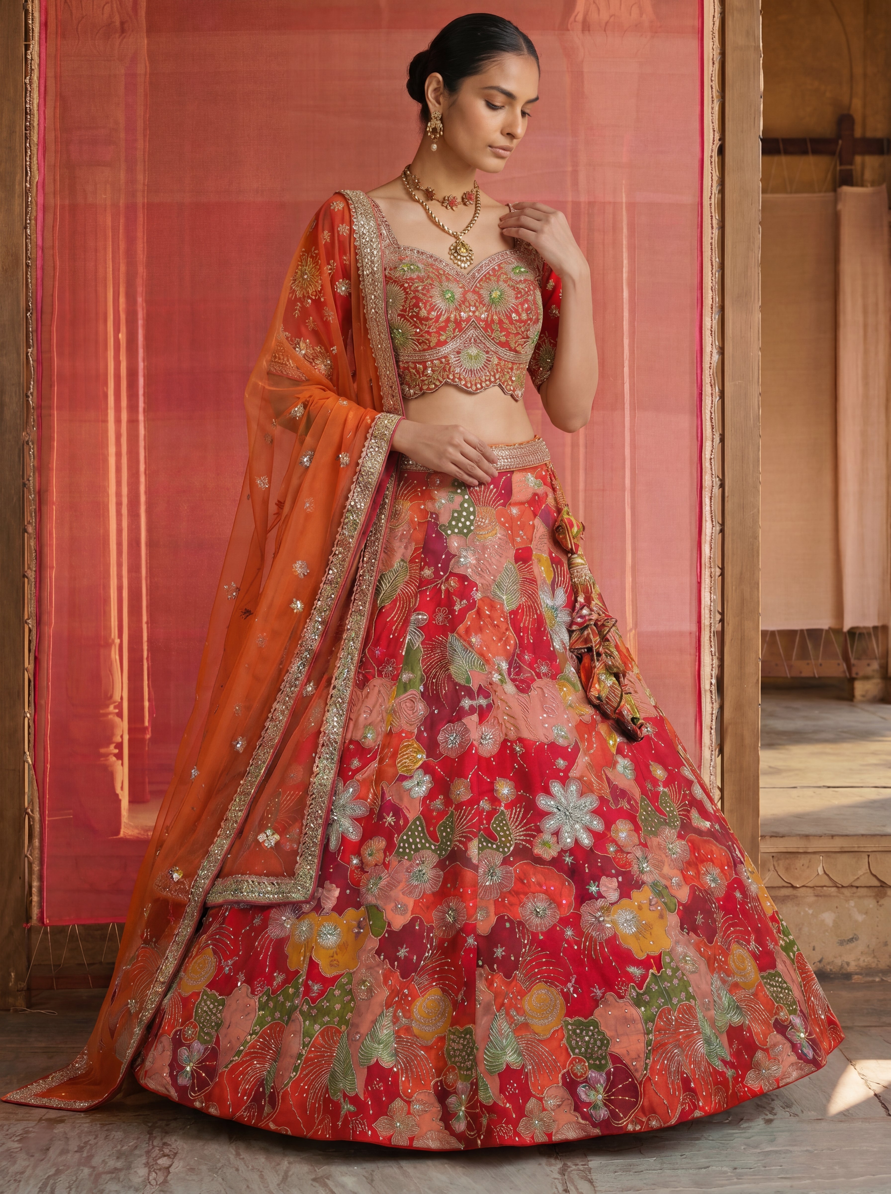 Coral Red Viscose Sequins Mirror Bridal Lehenga Choli Set