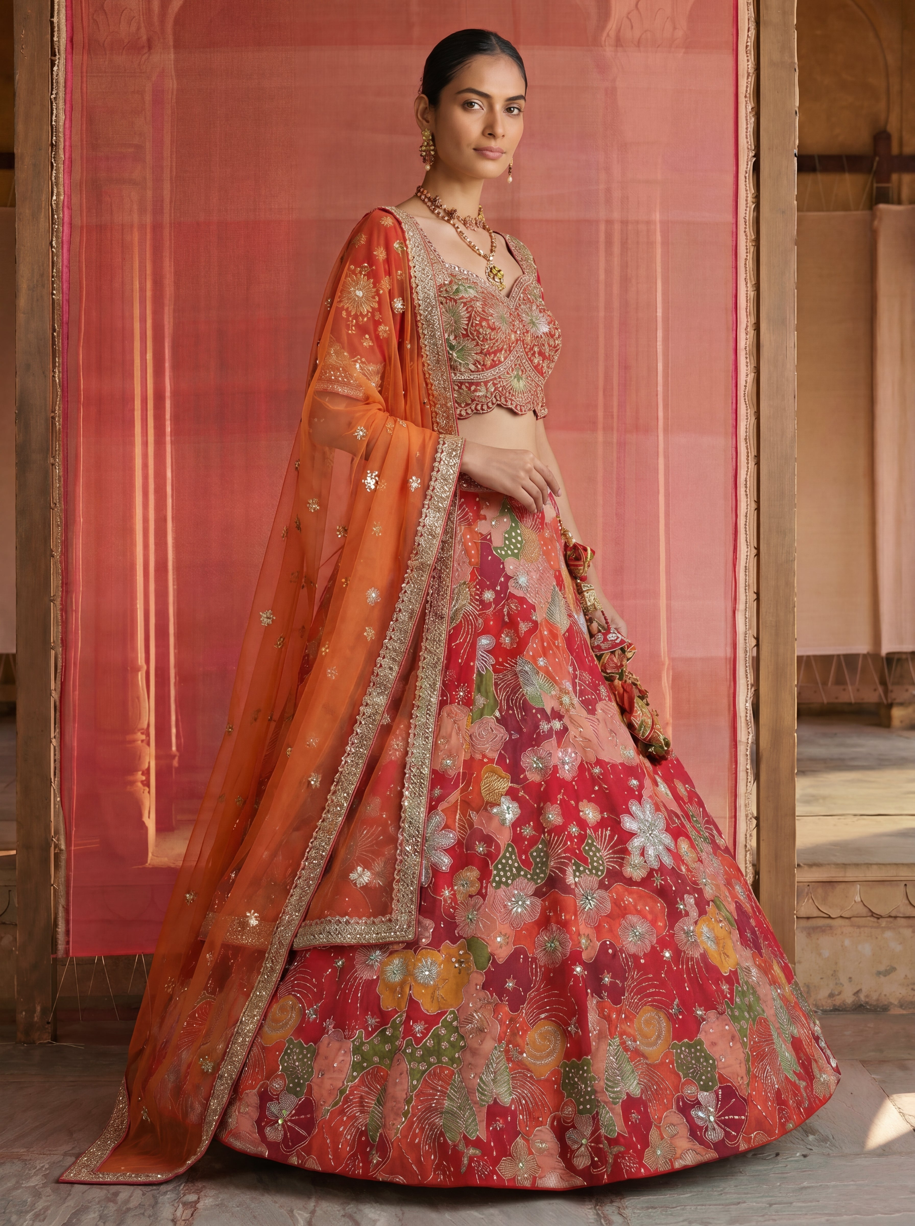 Coral Red Viscose Sequins Mirror Bridal Lehenga Choli Set