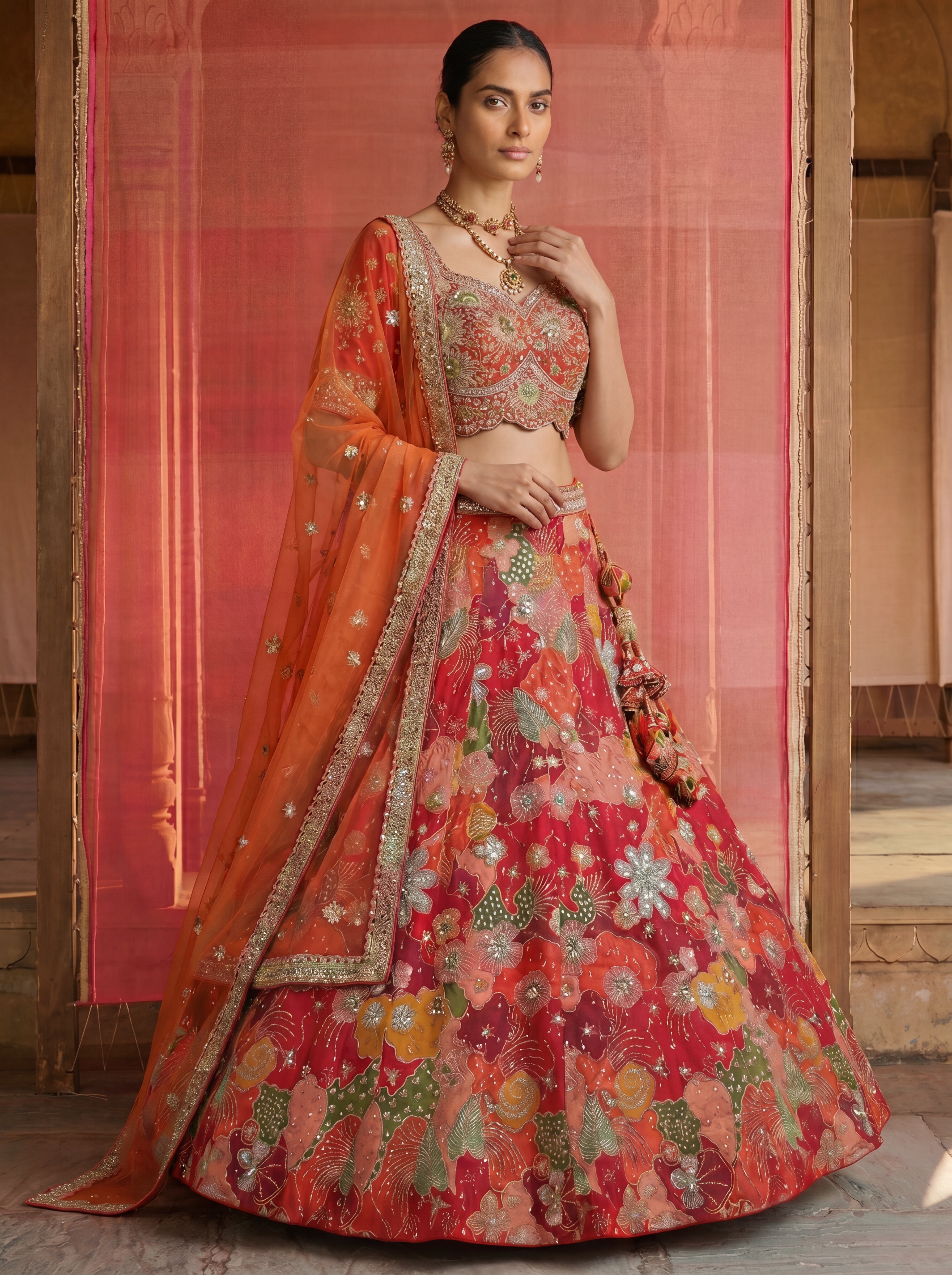 Coral Red Viscose Sequins Mirror Bridal Lehenga Choli Set