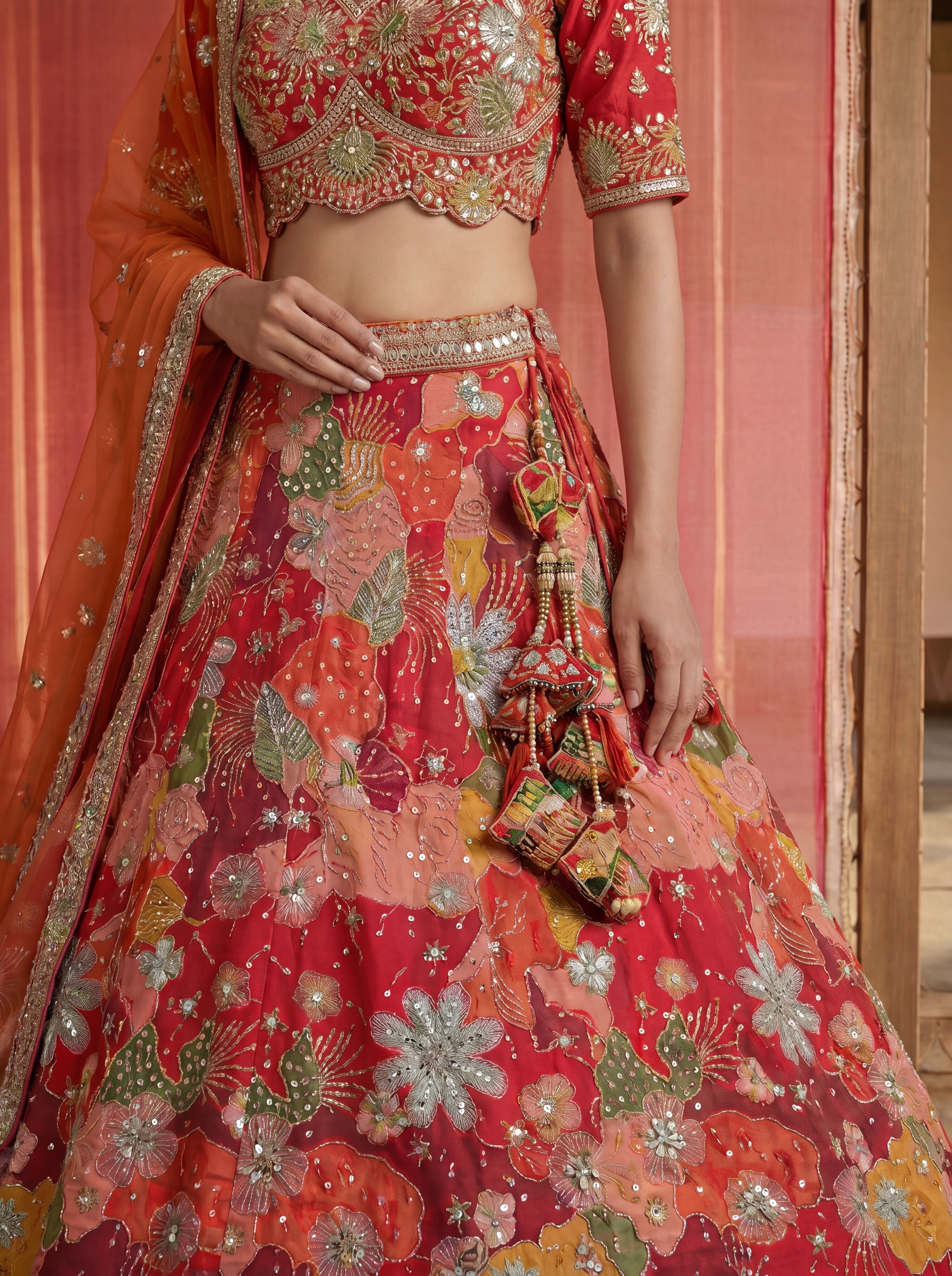 Coral Red Viscose Sequins Mirror Bridal Lehenga Choli Set