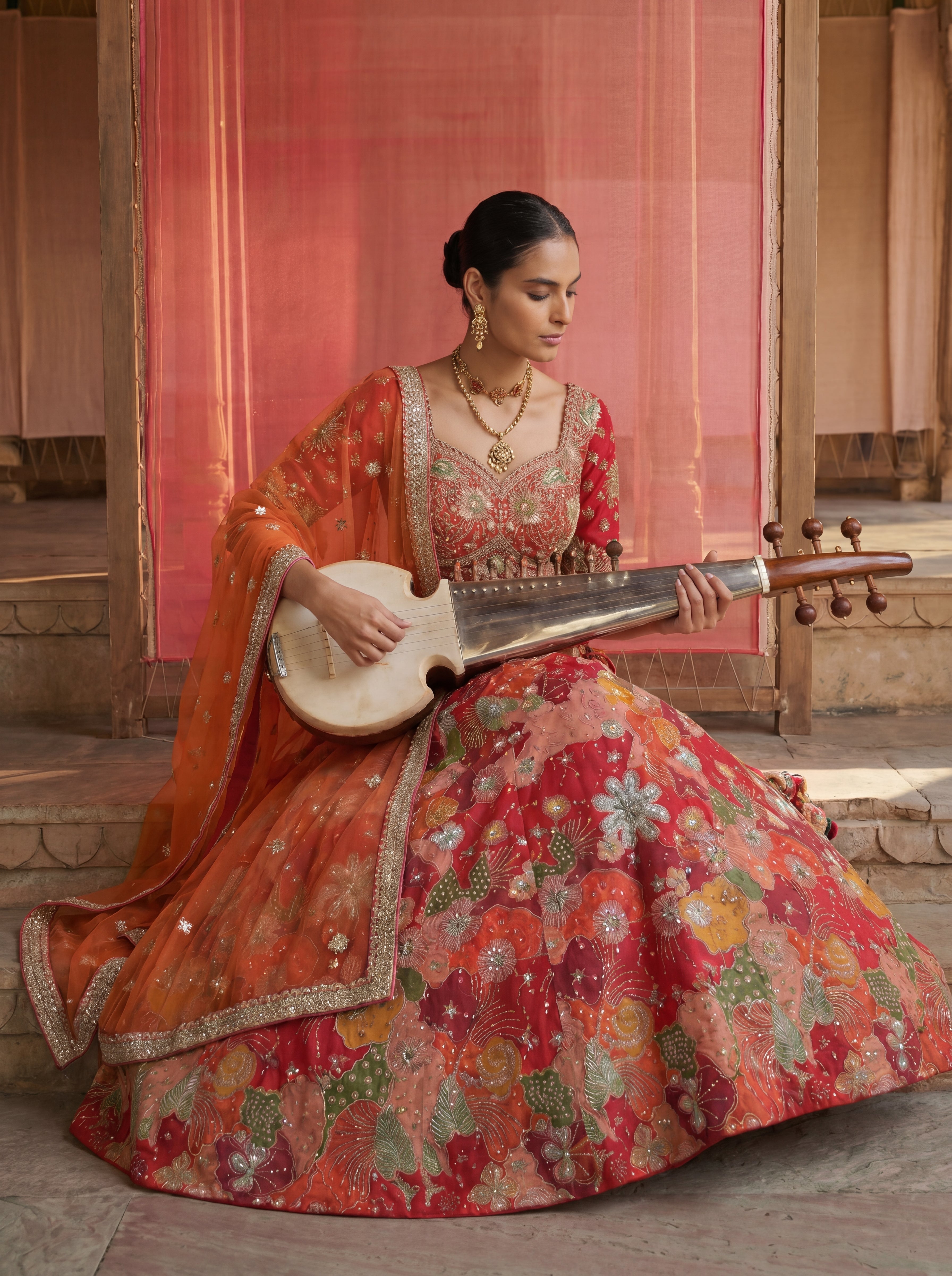 Coral Red Viscose Sequins Mirror Bridal Lehenga Choli Set