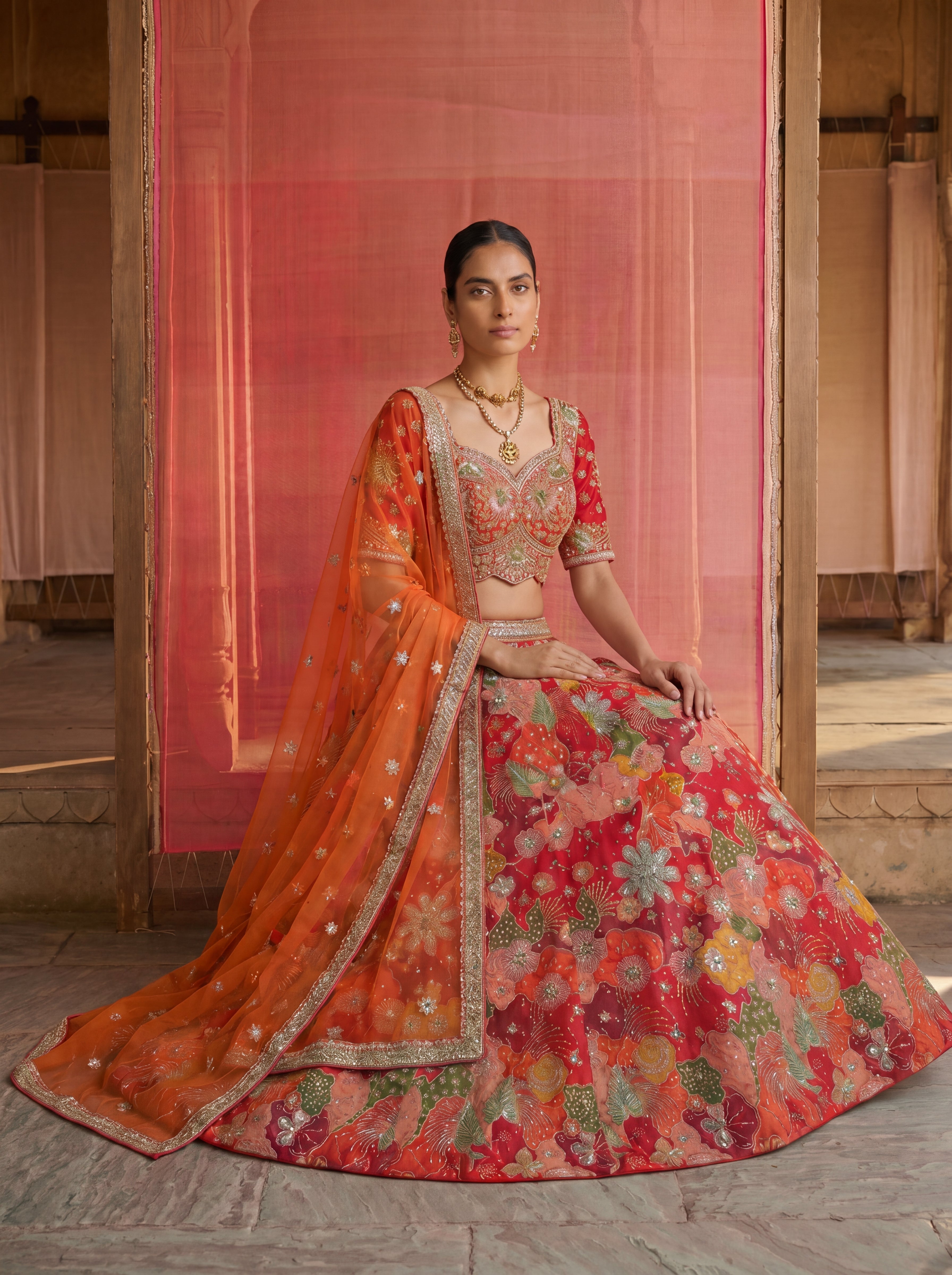 Coral Red Viscose Sequins Mirror Bridal Lehenga Choli Set