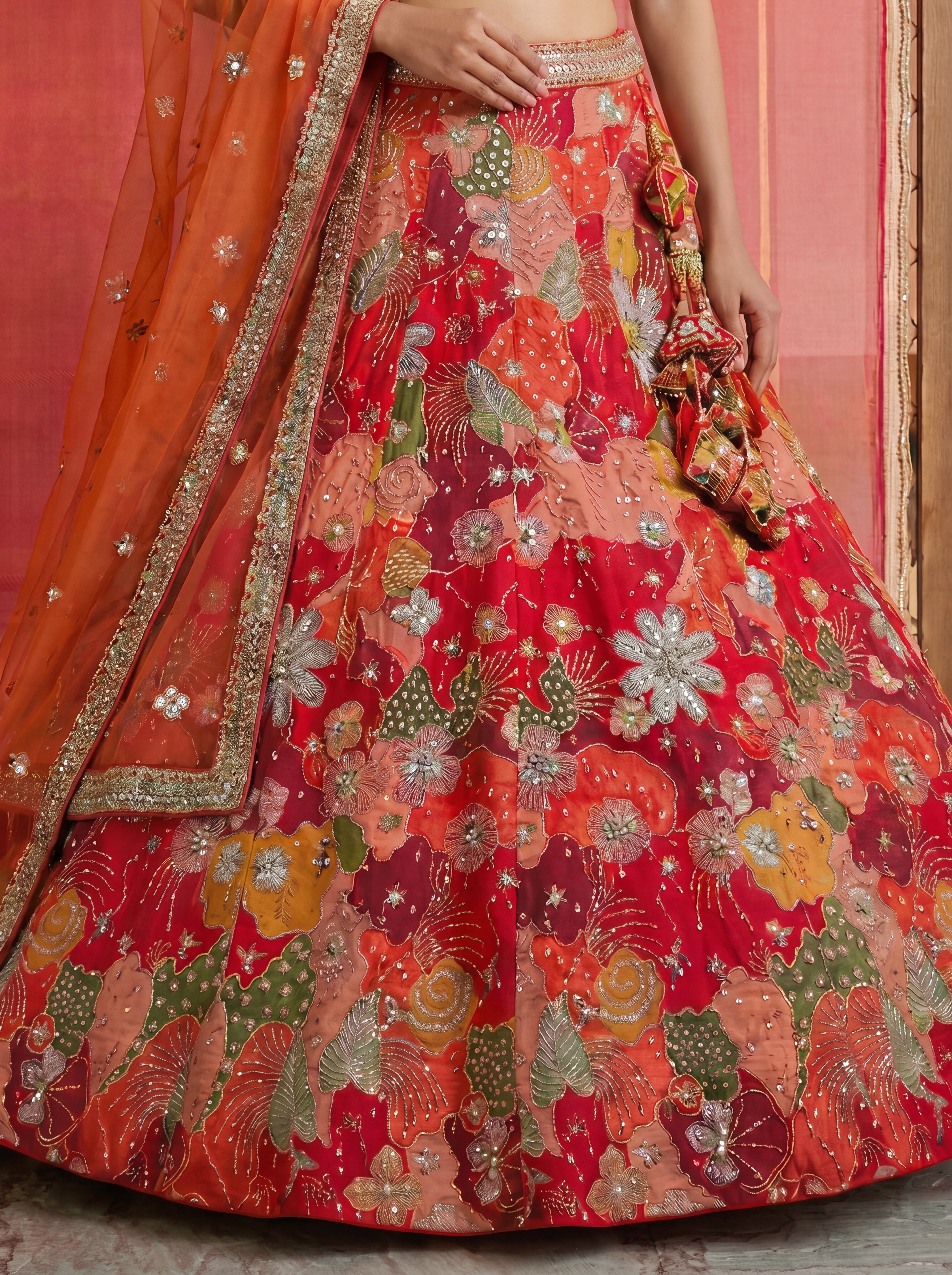 Coral Red Viscose Sequins Mirror Bridal Lehenga Choli Set