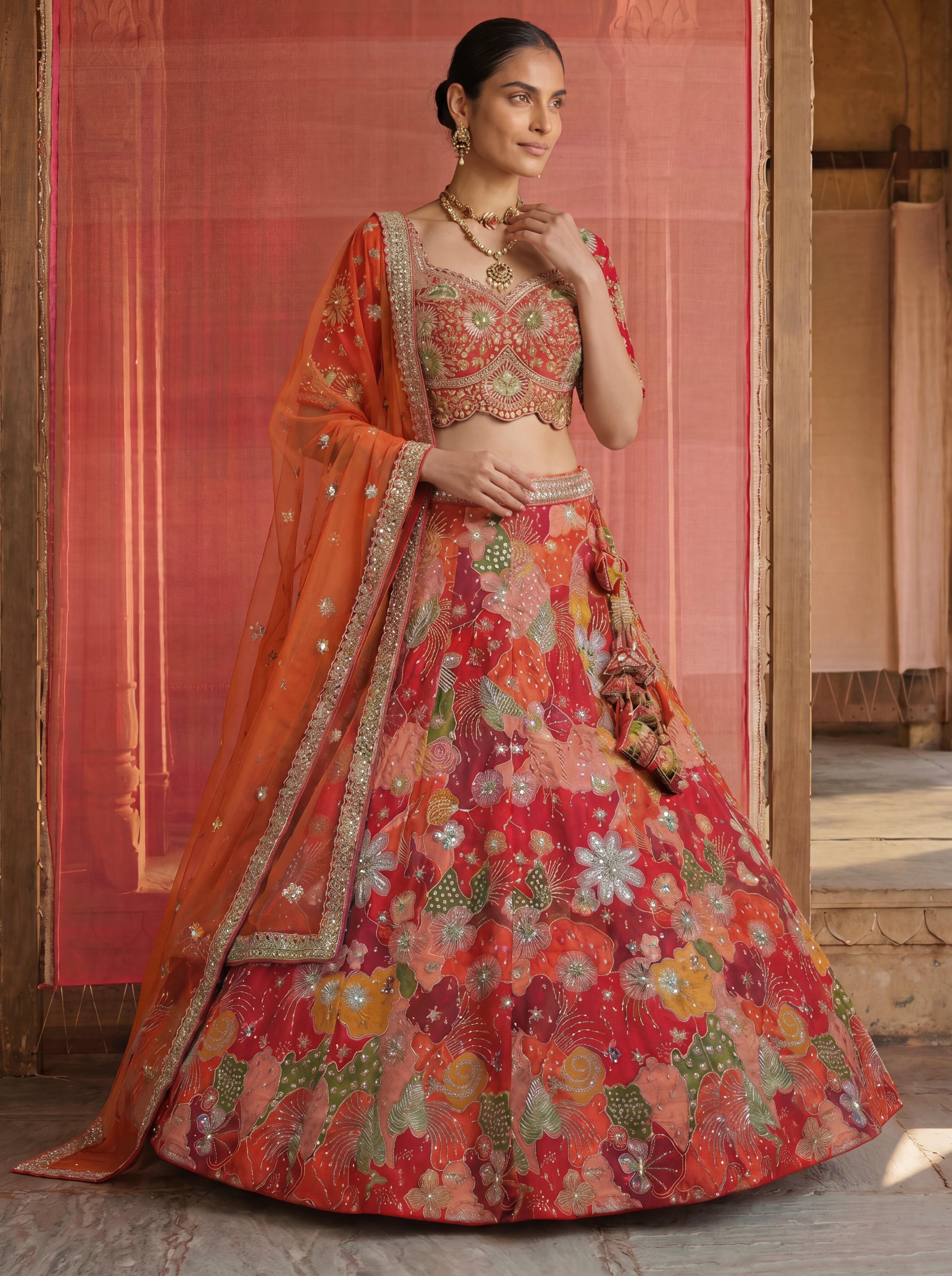 Coral Red Viscose Sequins Mirror Bridal Lehenga Choli Set