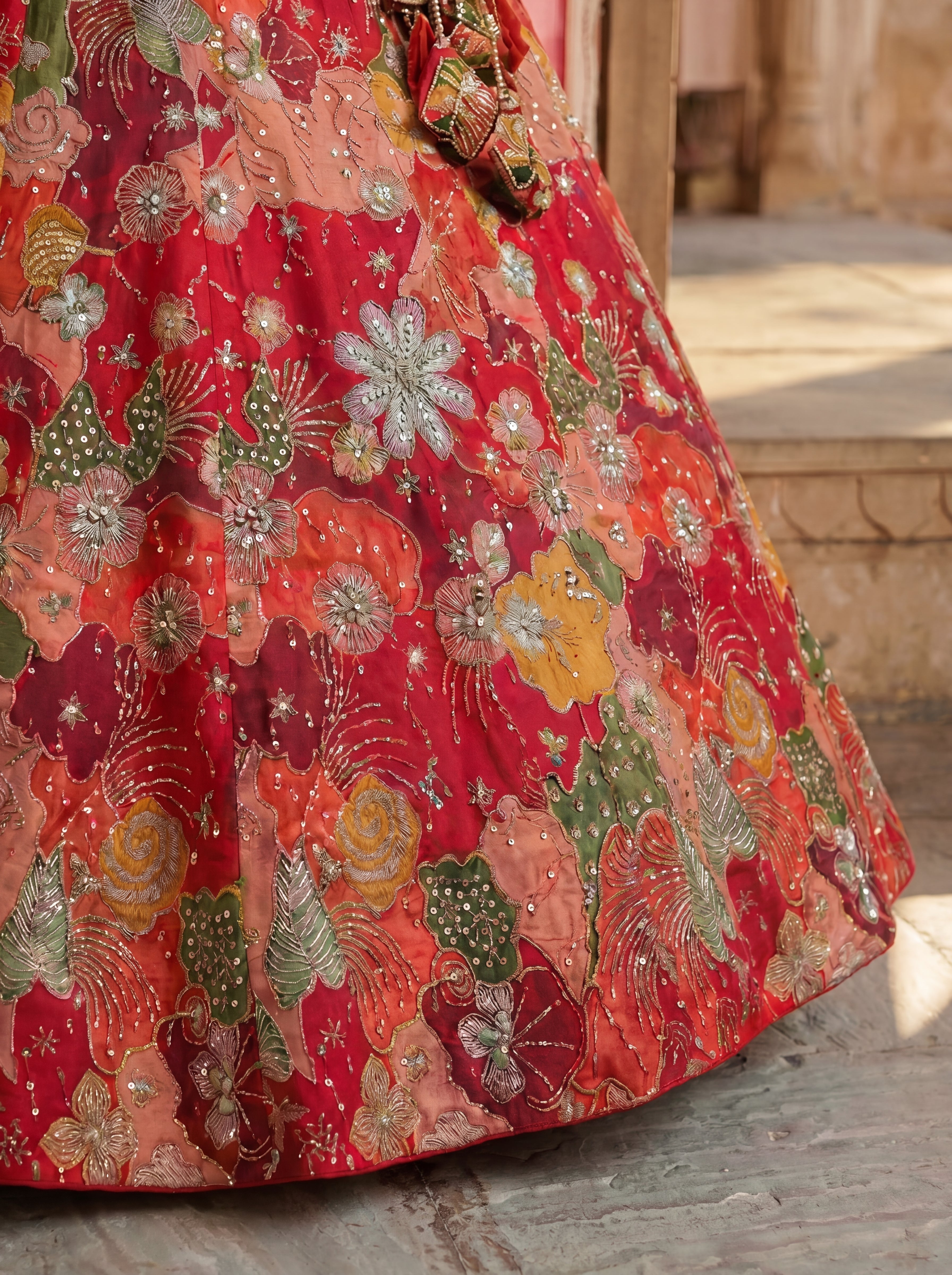 Coral Red Viscose Sequins Mirror Bridal Lehenga Choli Set