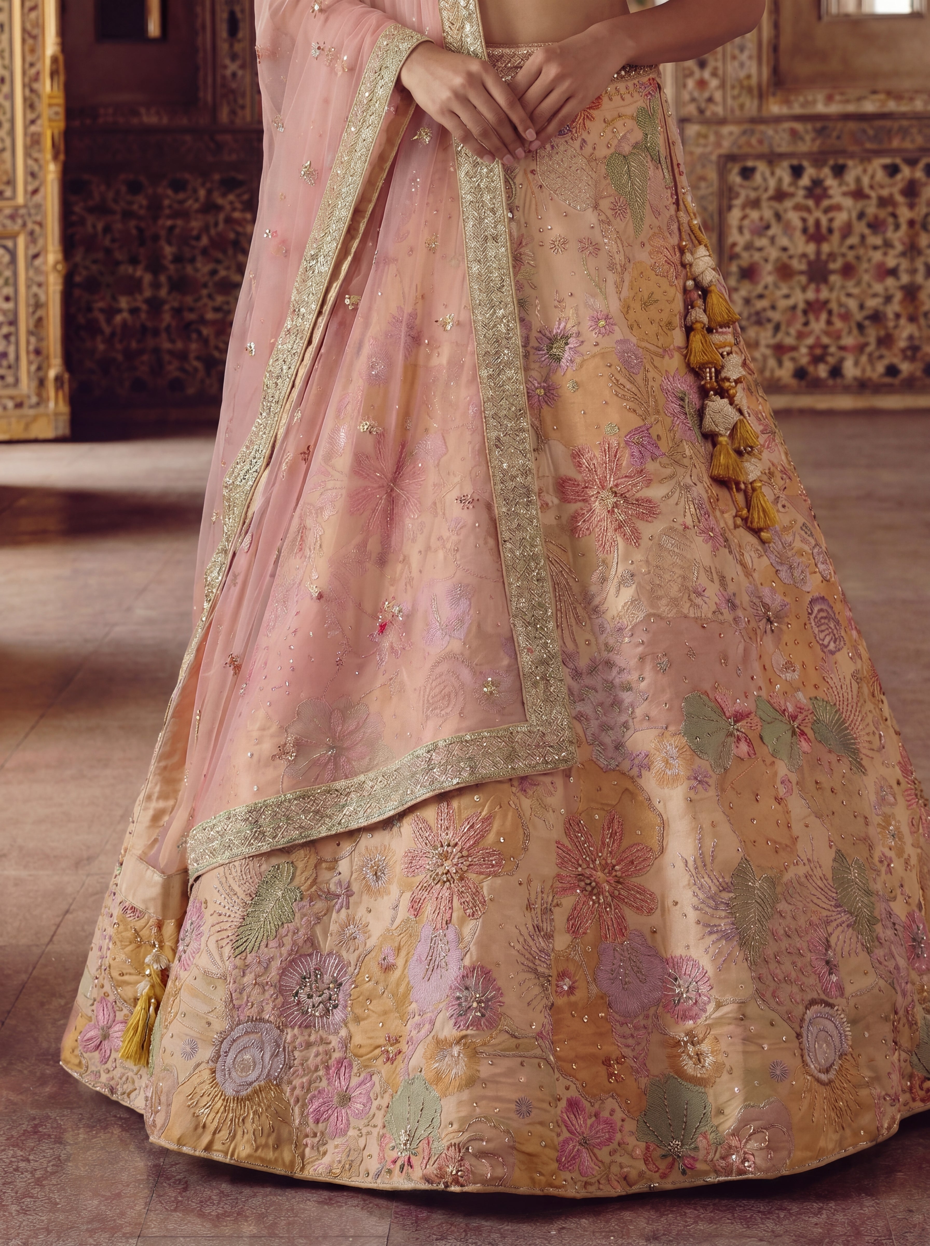 Peach Viscose Embroidered Mirror Work Bridal Lehenga Choli Set