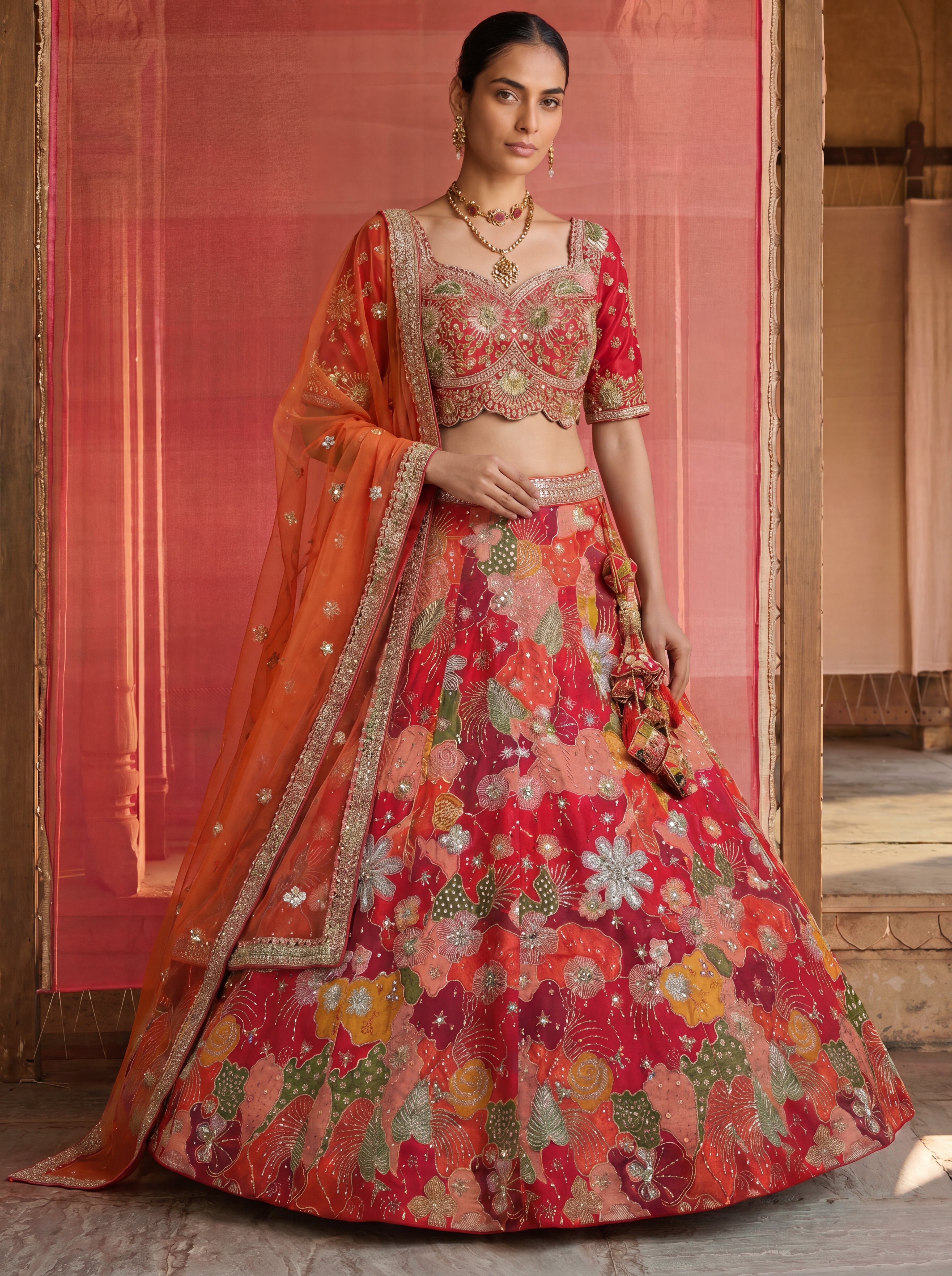 Coral Red Viscose Sequins Mirror Bridal Lehenga Choli Set
