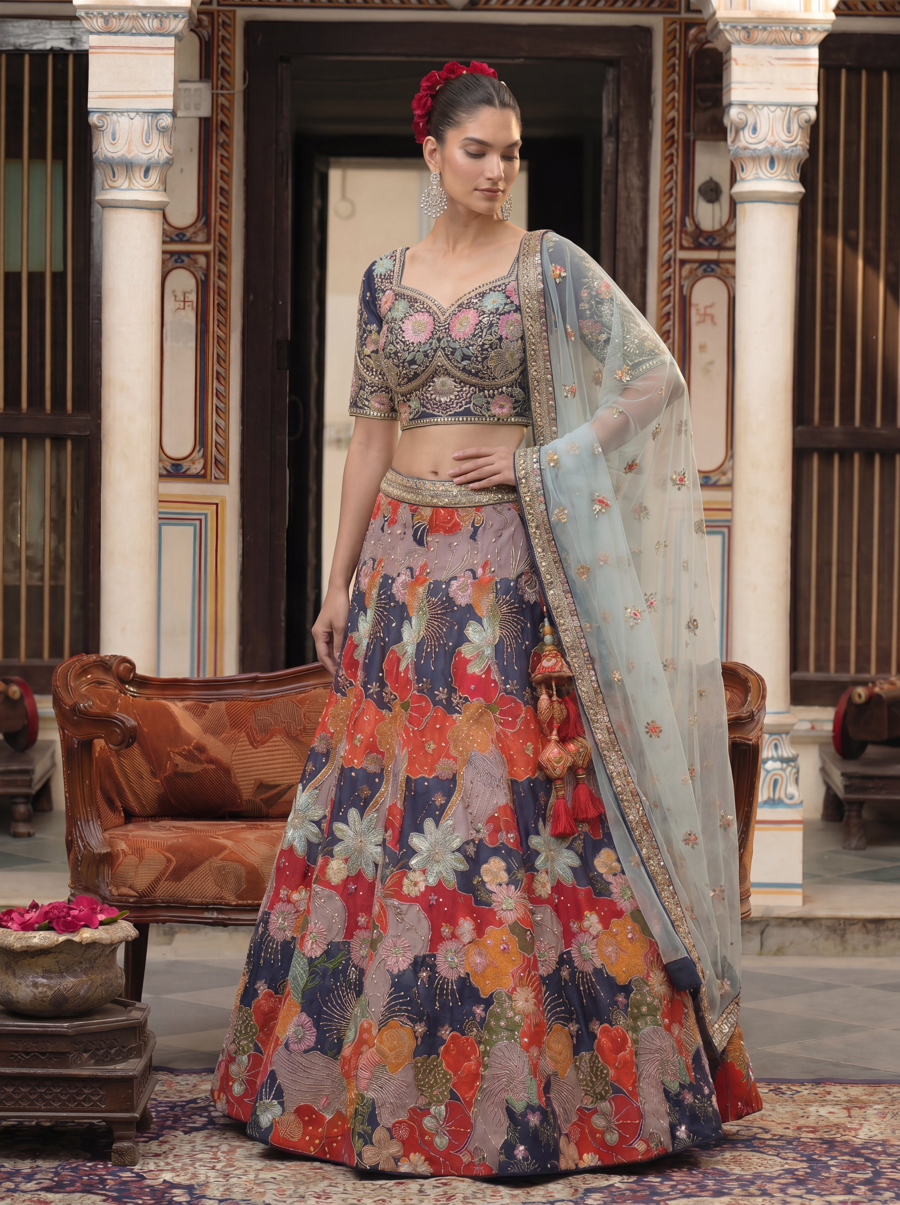 Multicolor Viscose Embroidered Bridal Lehenga Choli Set