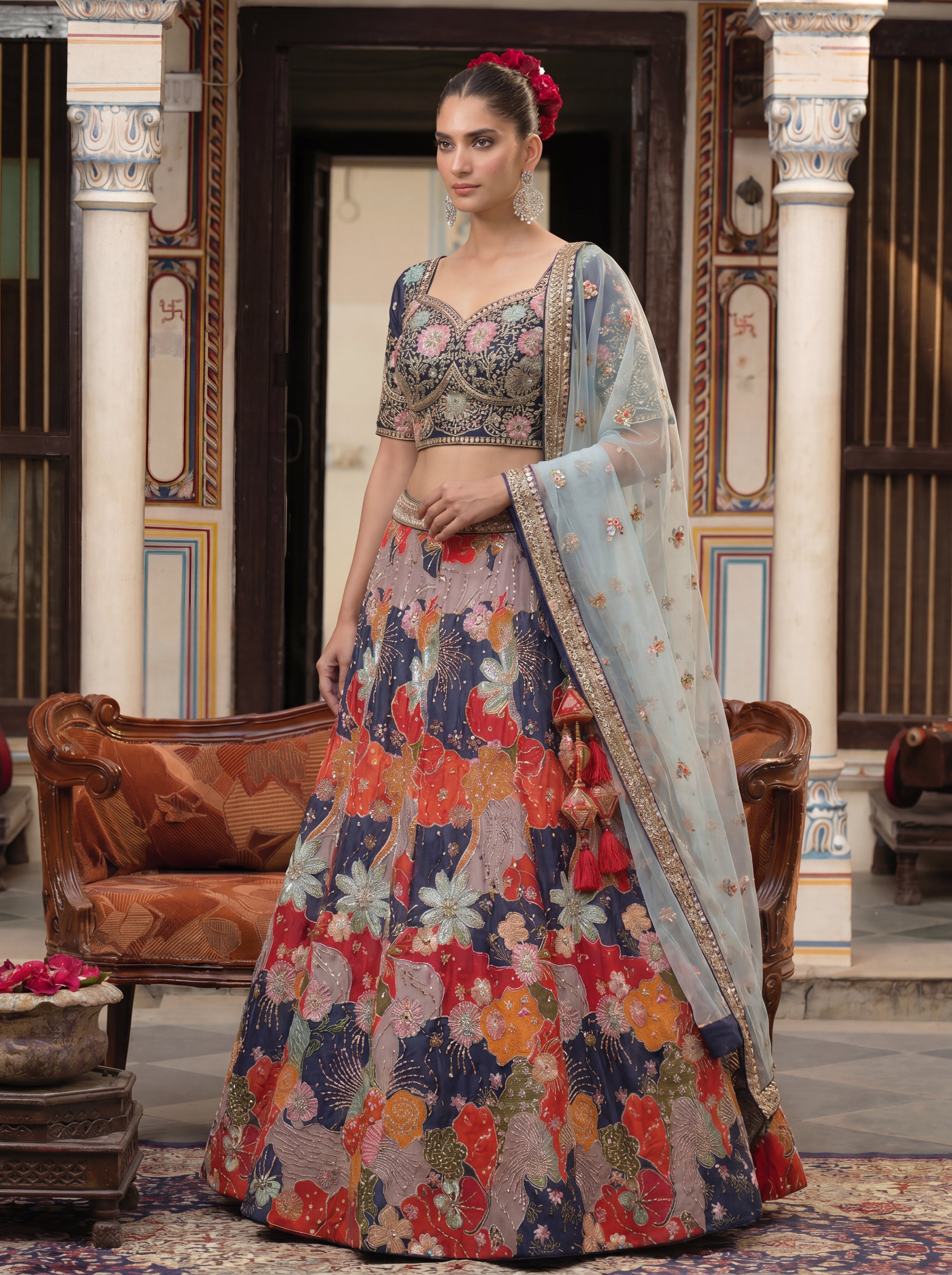 Multicolor Viscose Embroidered Bridal Lehenga Choli Set