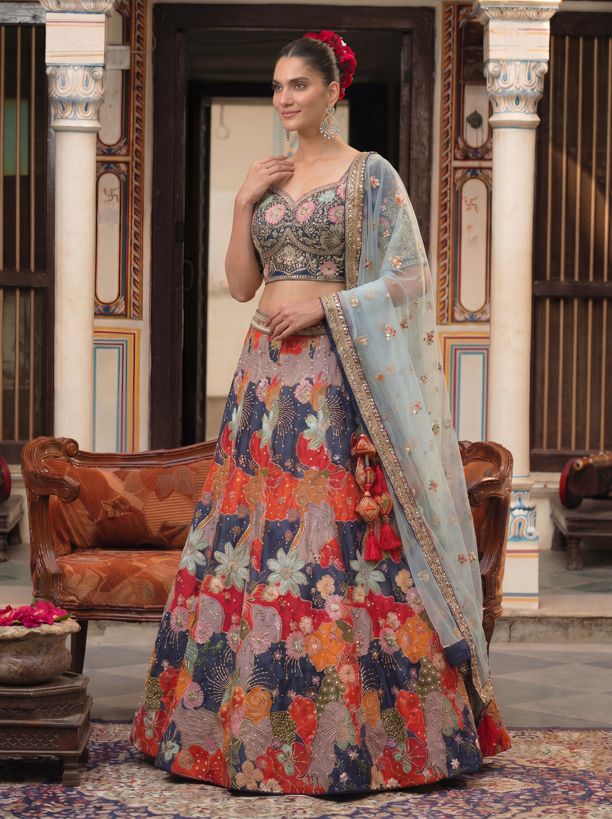 Multicolor Viscose Embroidered Bridal Lehenga Choli Set