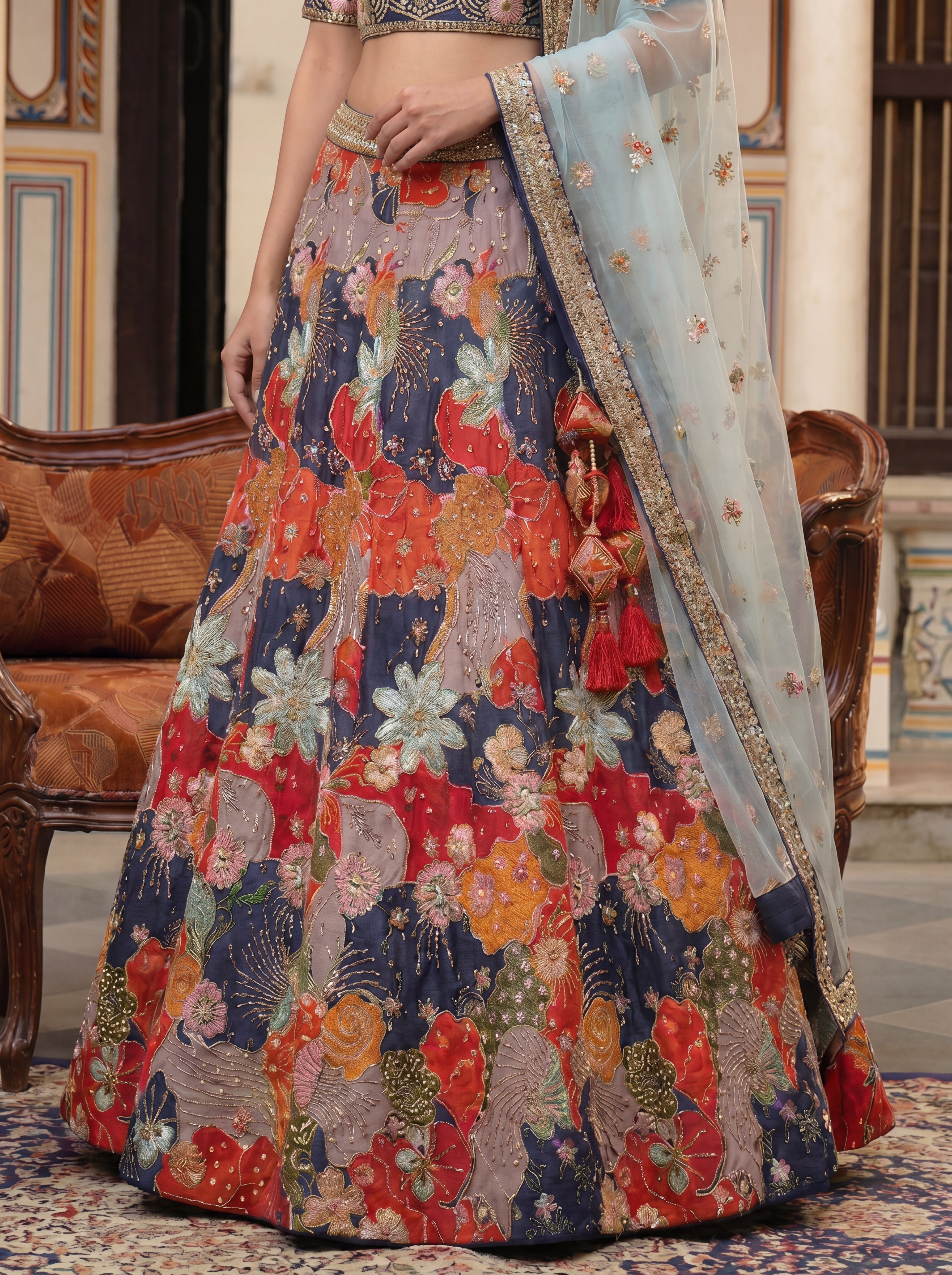 Multicolor Viscose Embroidered Bridal Lehenga Choli Set