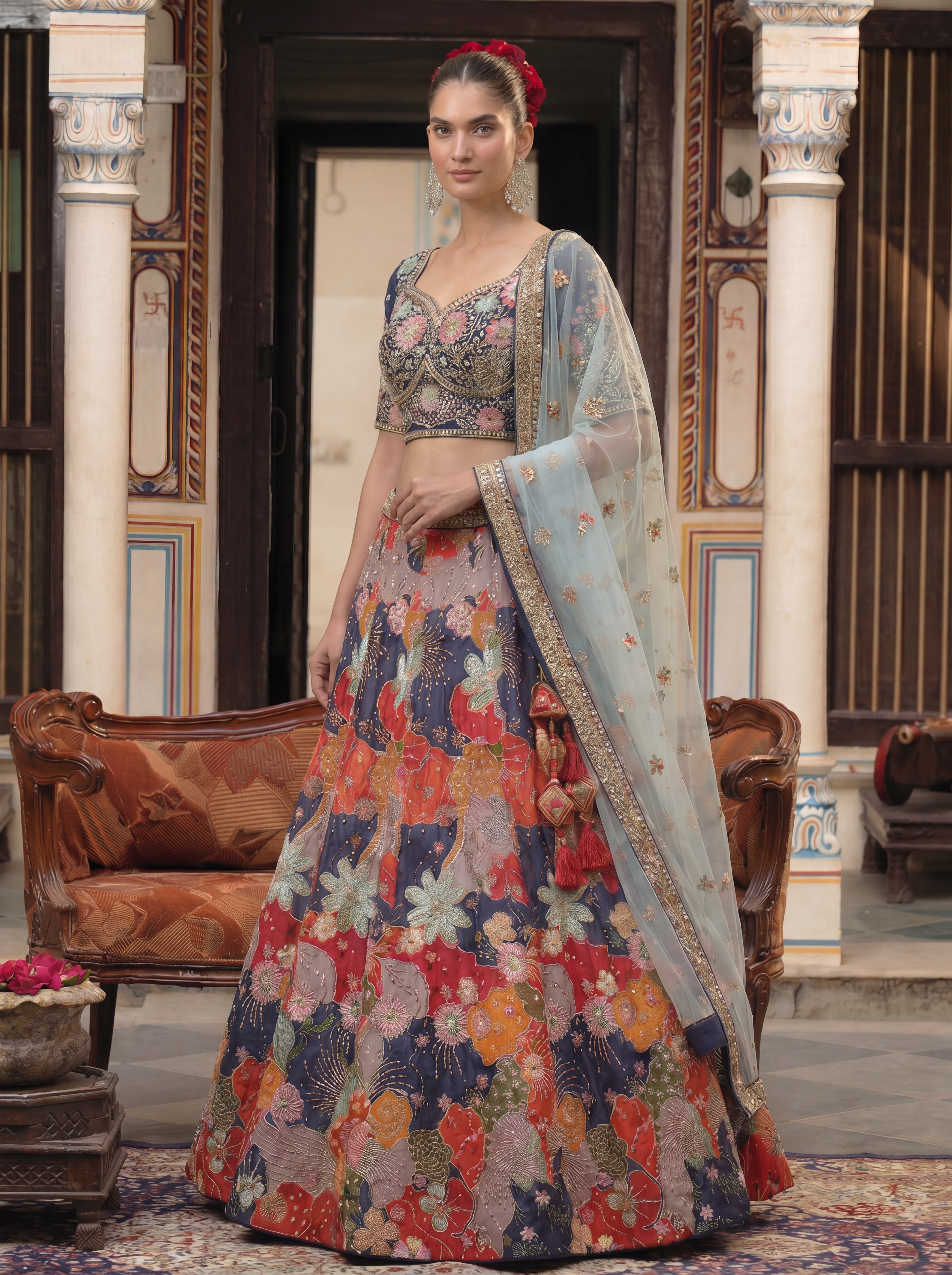 Multicolor Viscose Embroidered Bridal Lehenga Choli Set