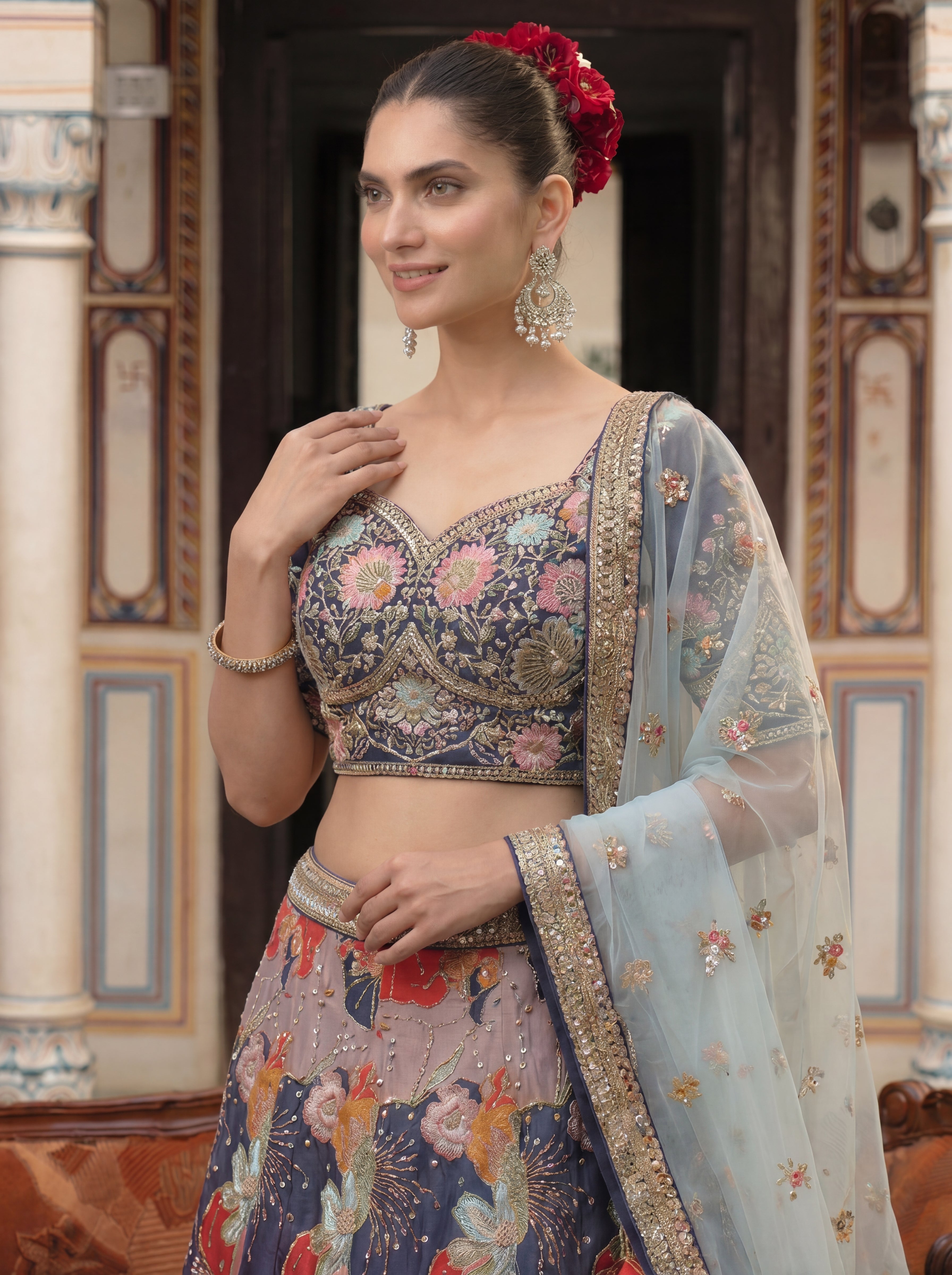 Multicolor Viscose Embroidered Bridal Lehenga Choli Set