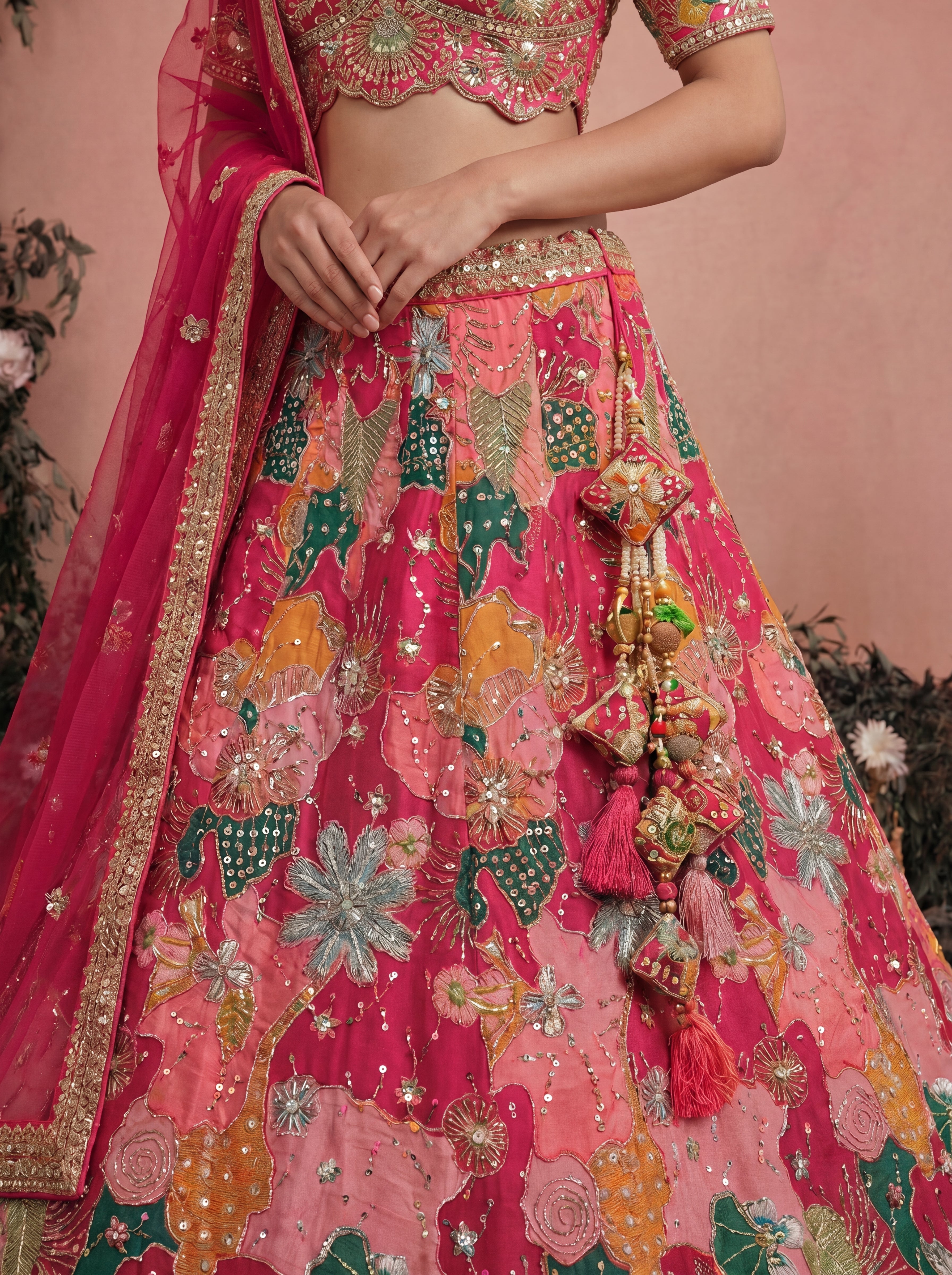 Fuchsia Pink Viscose Sequins Mirror Bridal Lehenga Choli Set