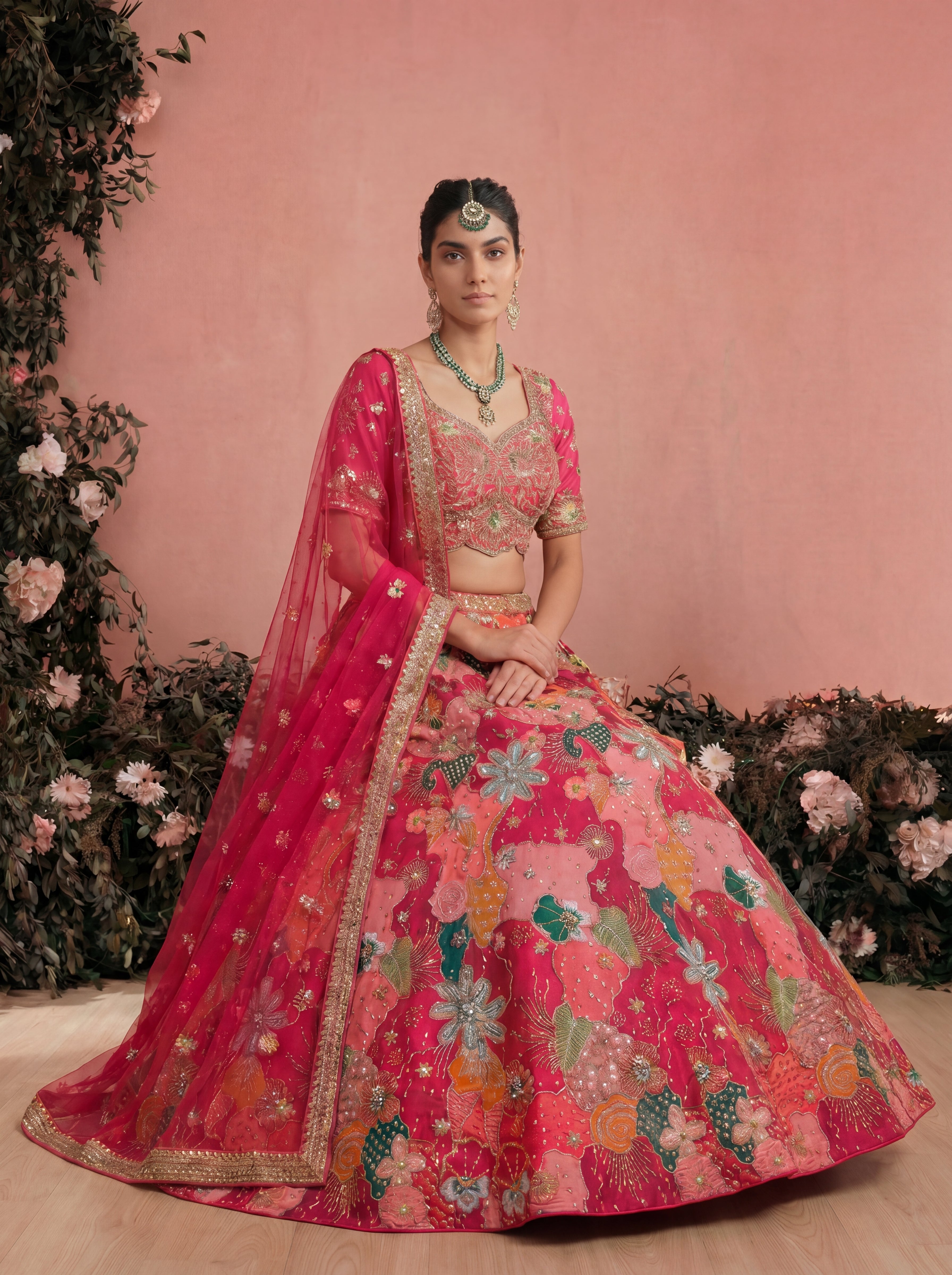 Fuchsia Pink Viscose Sequins Mirror Bridal Lehenga Choli Set