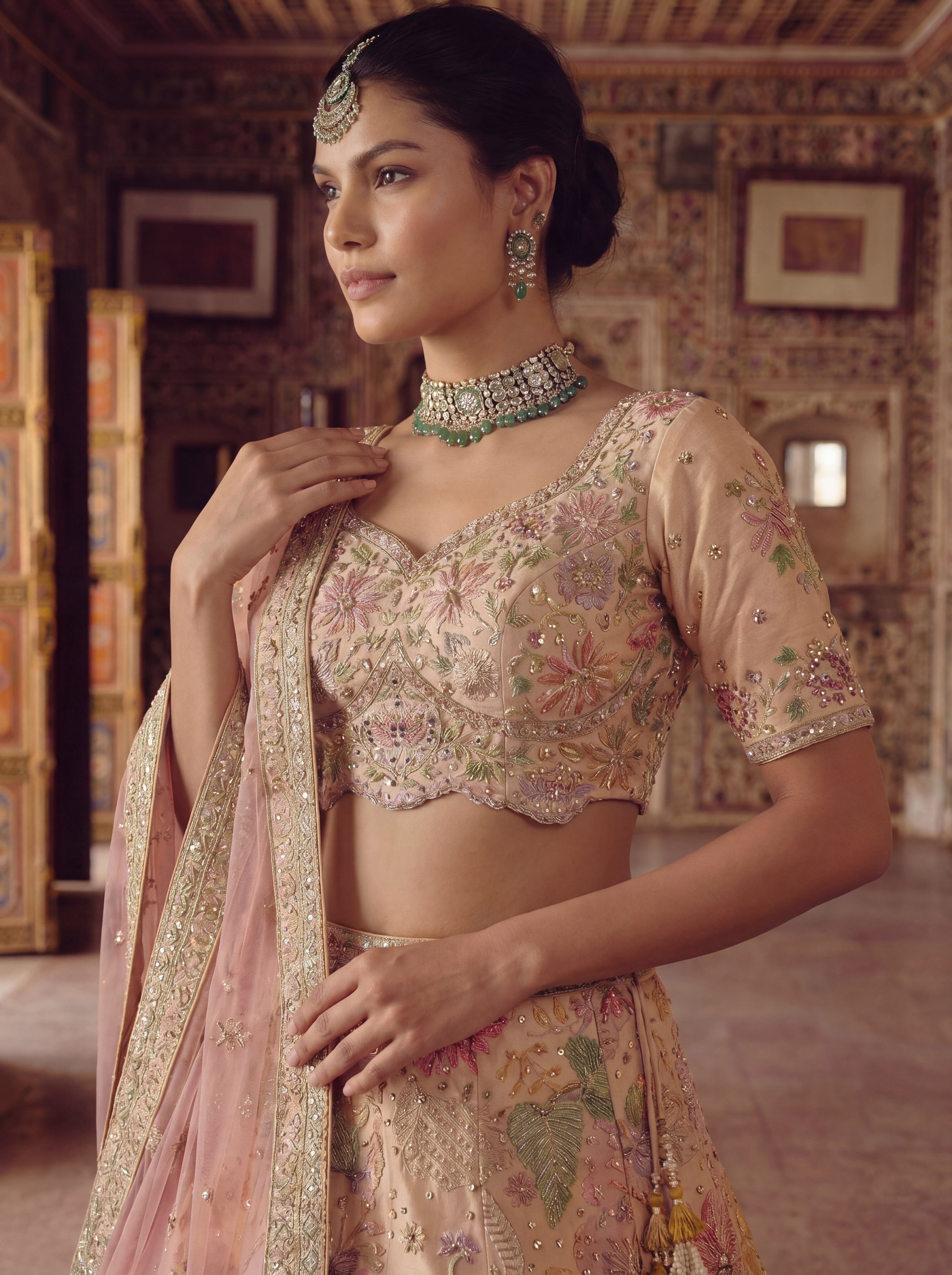 Peach Viscose Embroidered Mirror Work Bridal Lehenga Choli Set