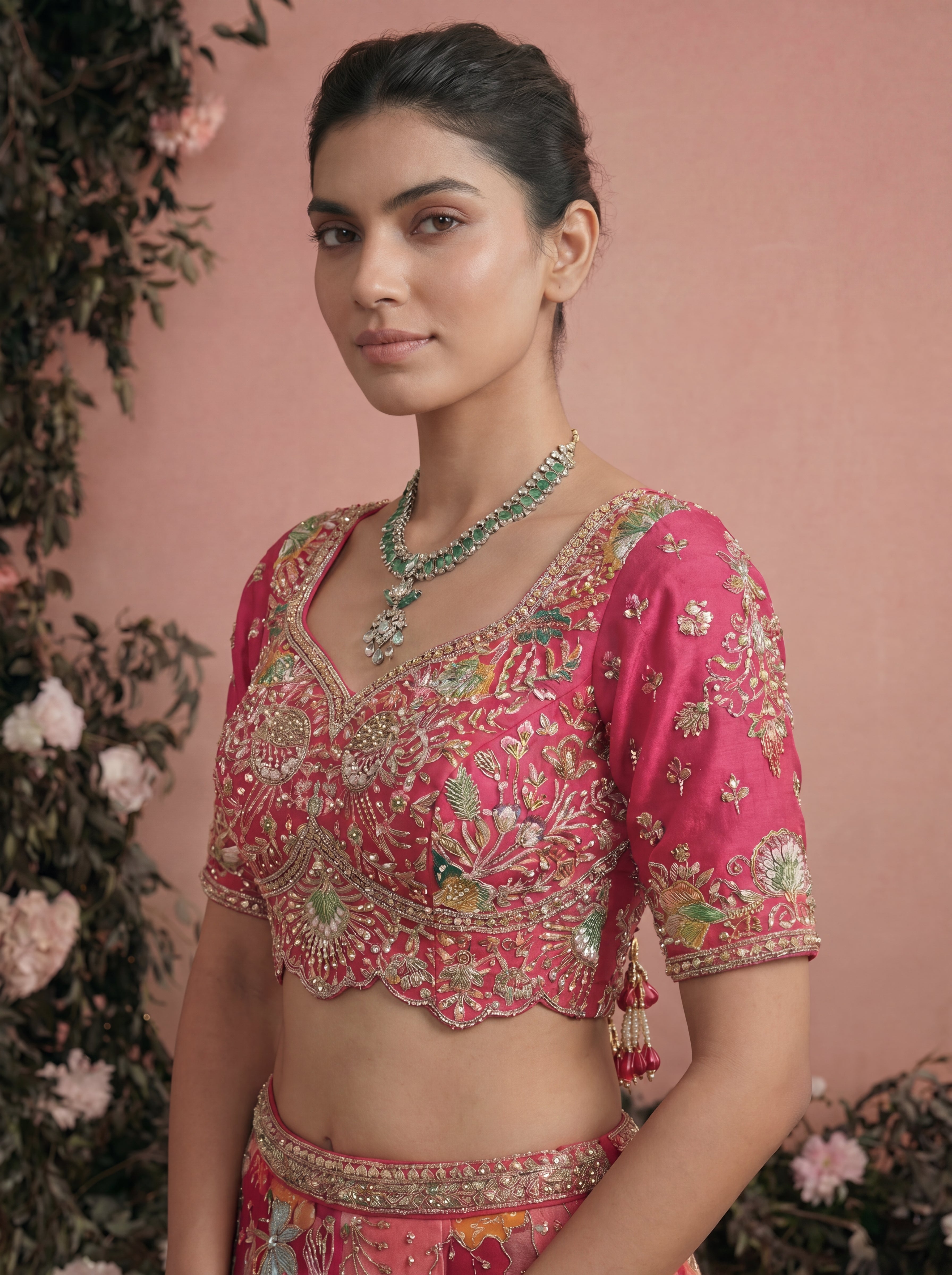 Fuchsia Pink Viscose Sequins Mirror Bridal Lehenga Choli Set