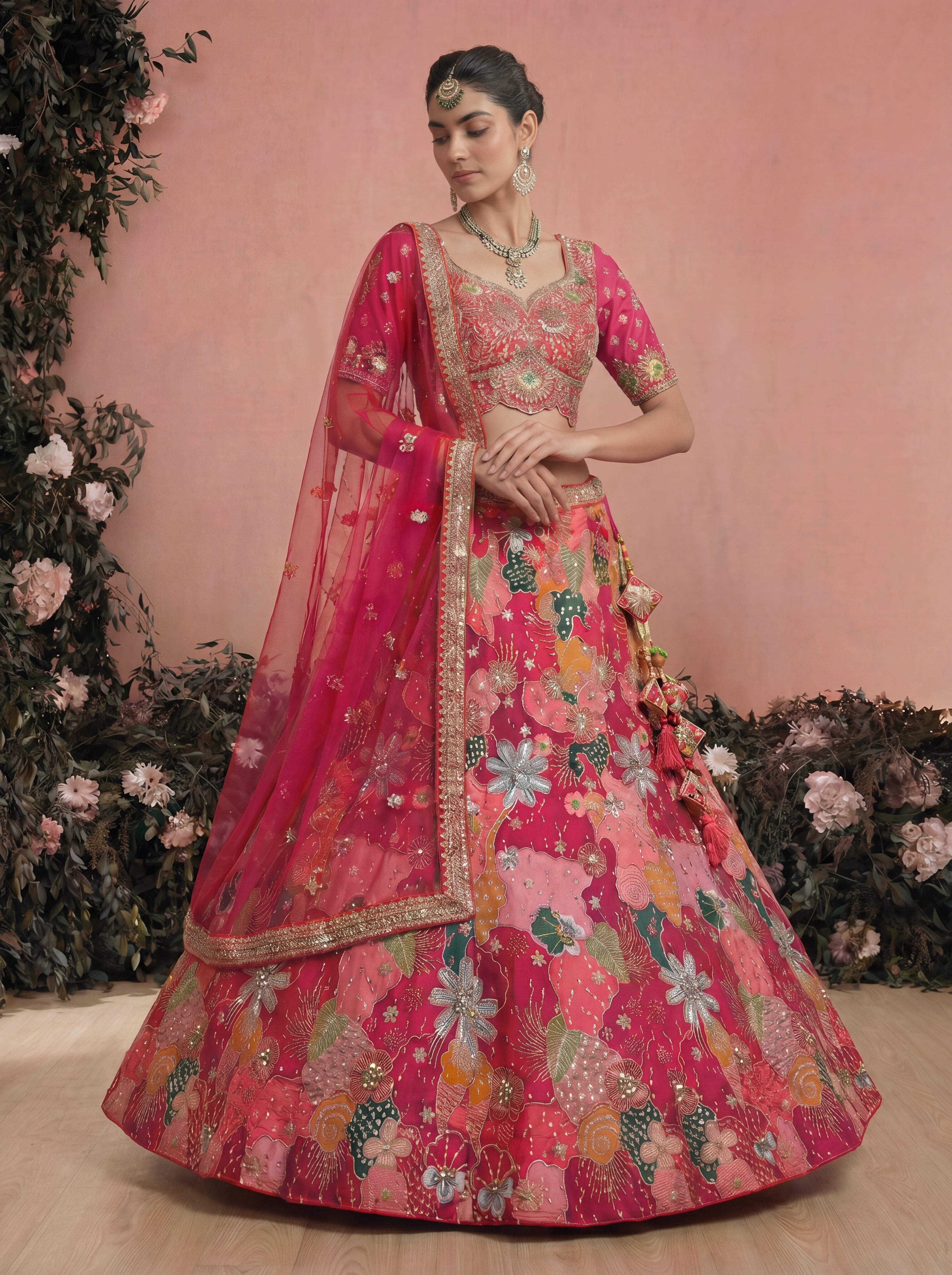 Fuchsia Pink Viscose Sequins Mirror Bridal Lehenga Choli Set